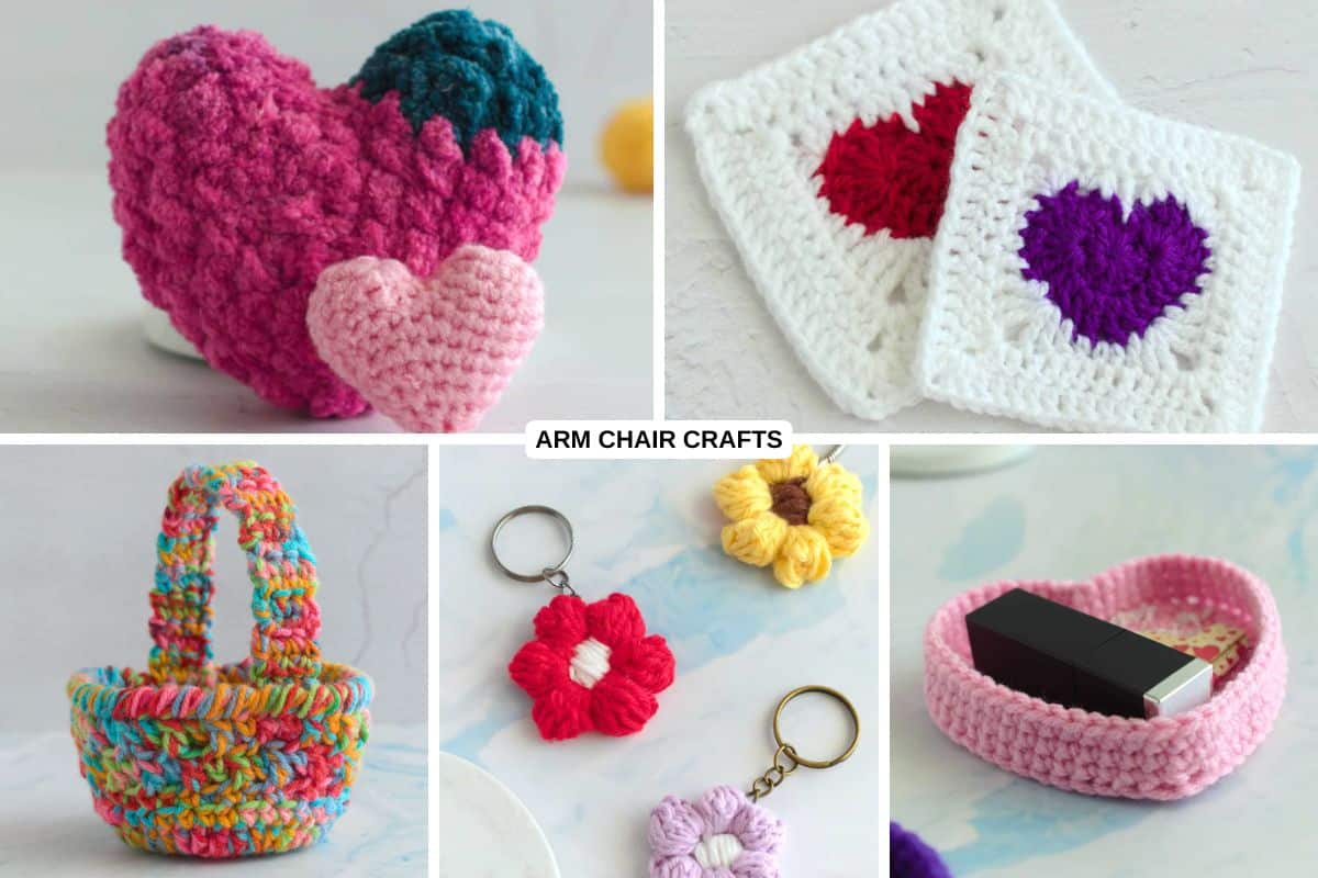 Collage of crochet projects.