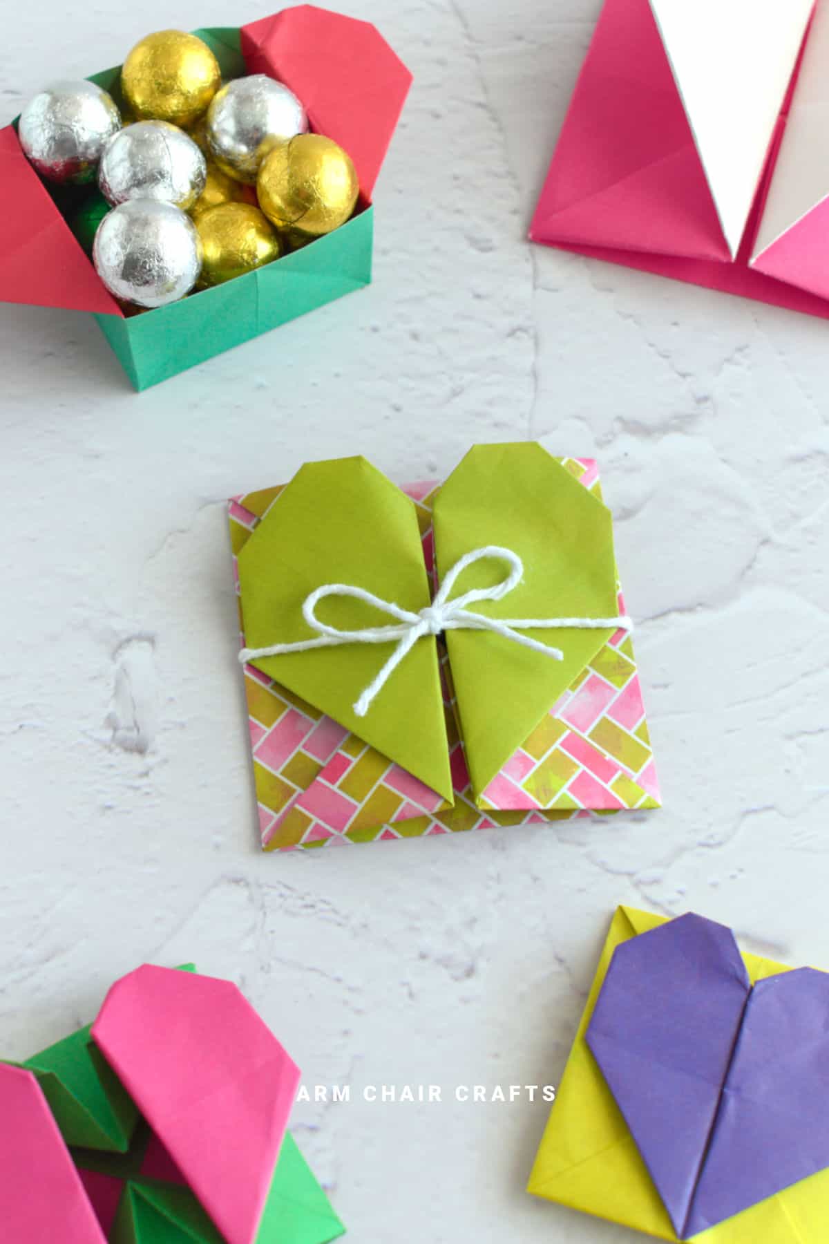 Green and pink origami heart box.