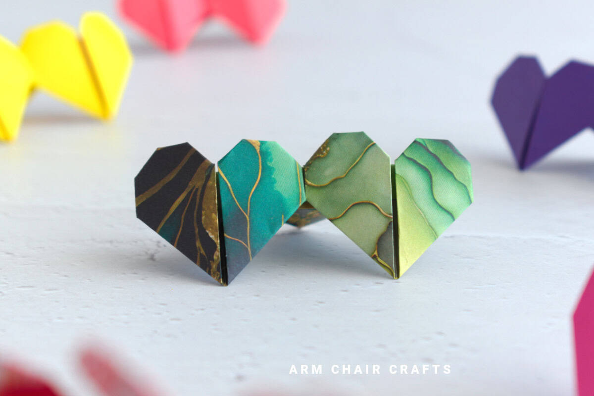 Green origami hearts.