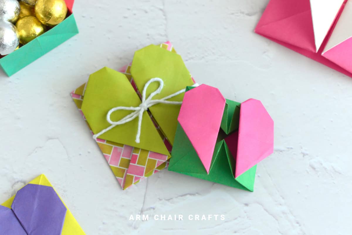Close up image of origami heart boxes.