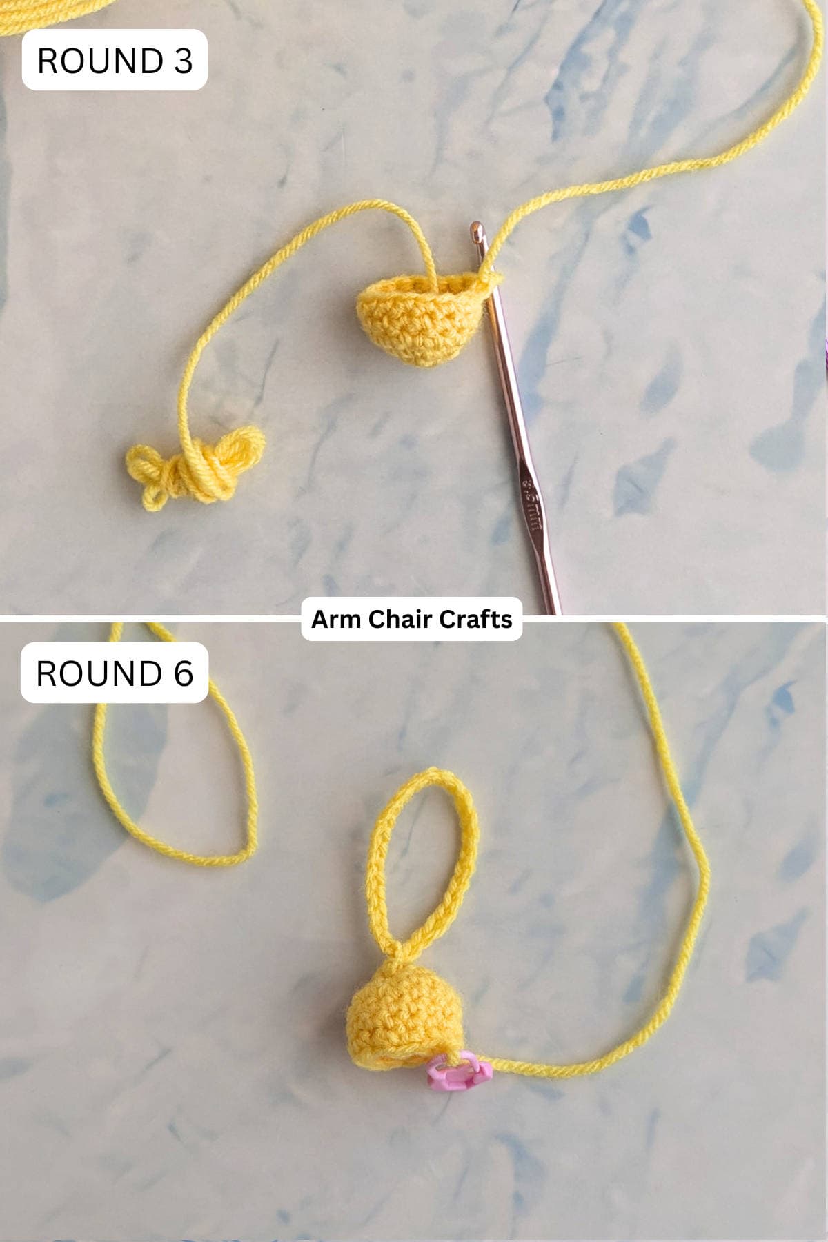 Rounds 3 and 6 for making a crochet angel ornament.