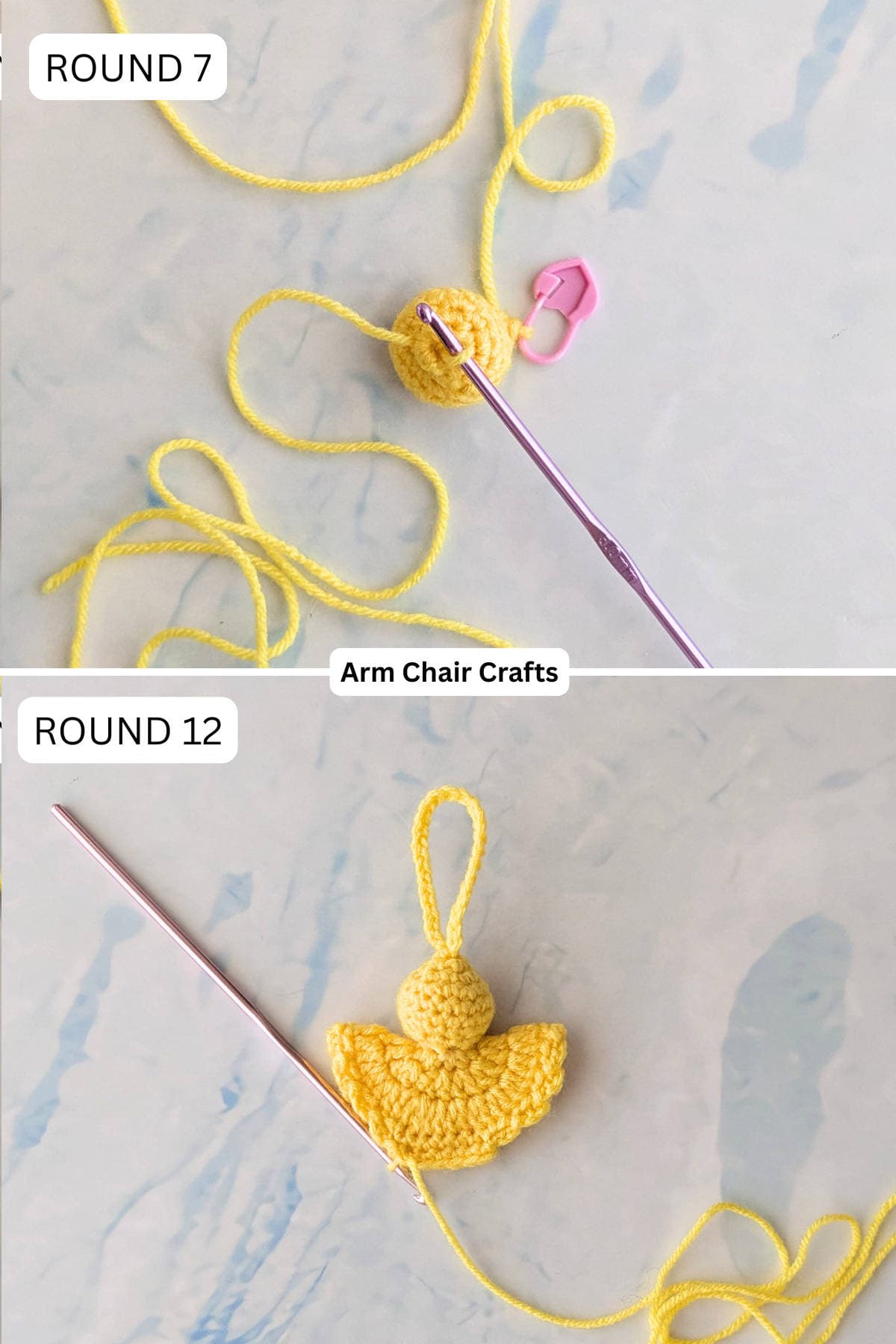 Rounds 7 and 12 for making a crochet angel ornament.