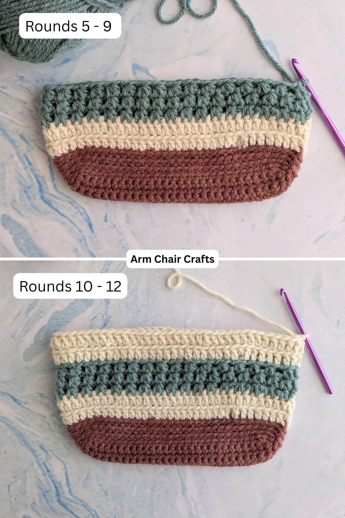 Rounds 5 to 12 for making a crochet tote bag.