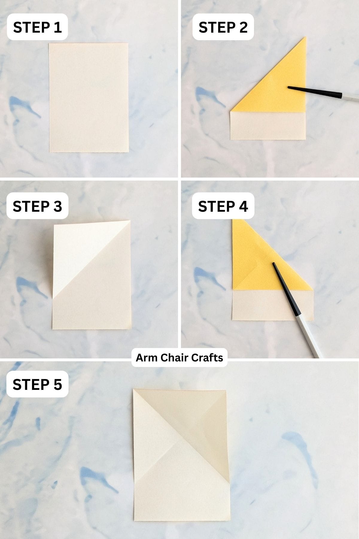 Steps 1 to 5 for folding a paper heart necklace.