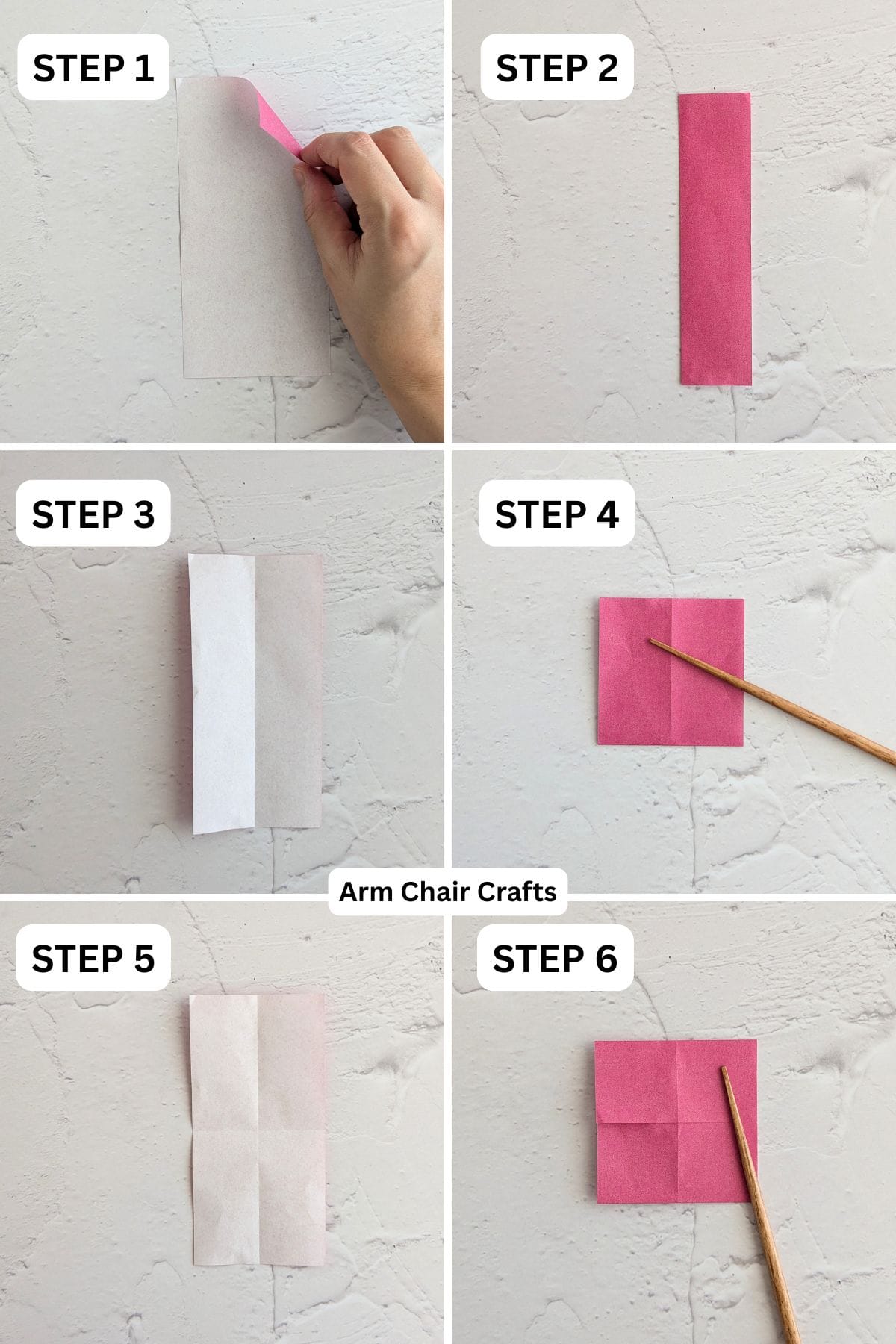 Steps 1 to 6 for folding a double standing origami heart.