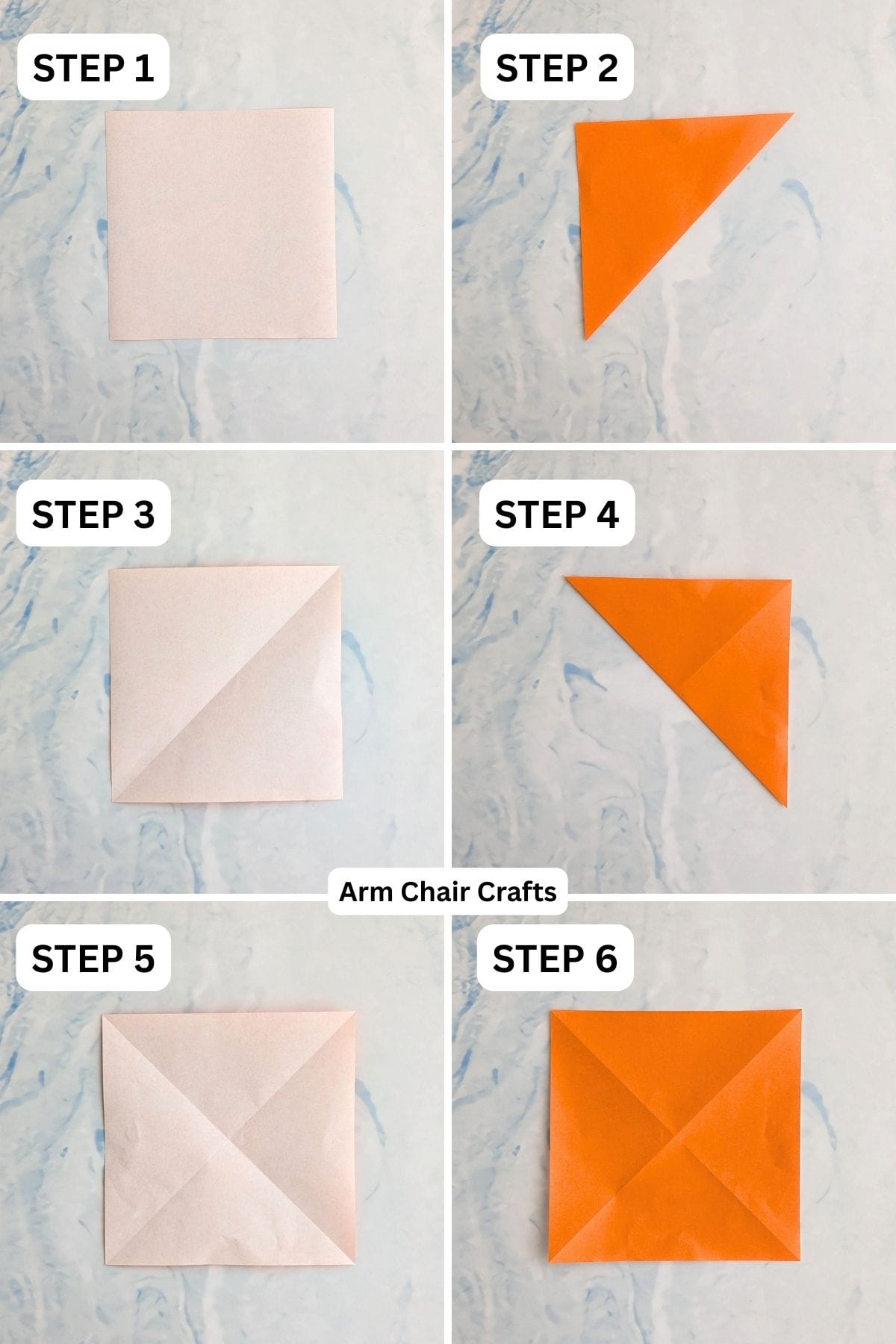 Steps 1 to 6 for folding a self closing gift bag.