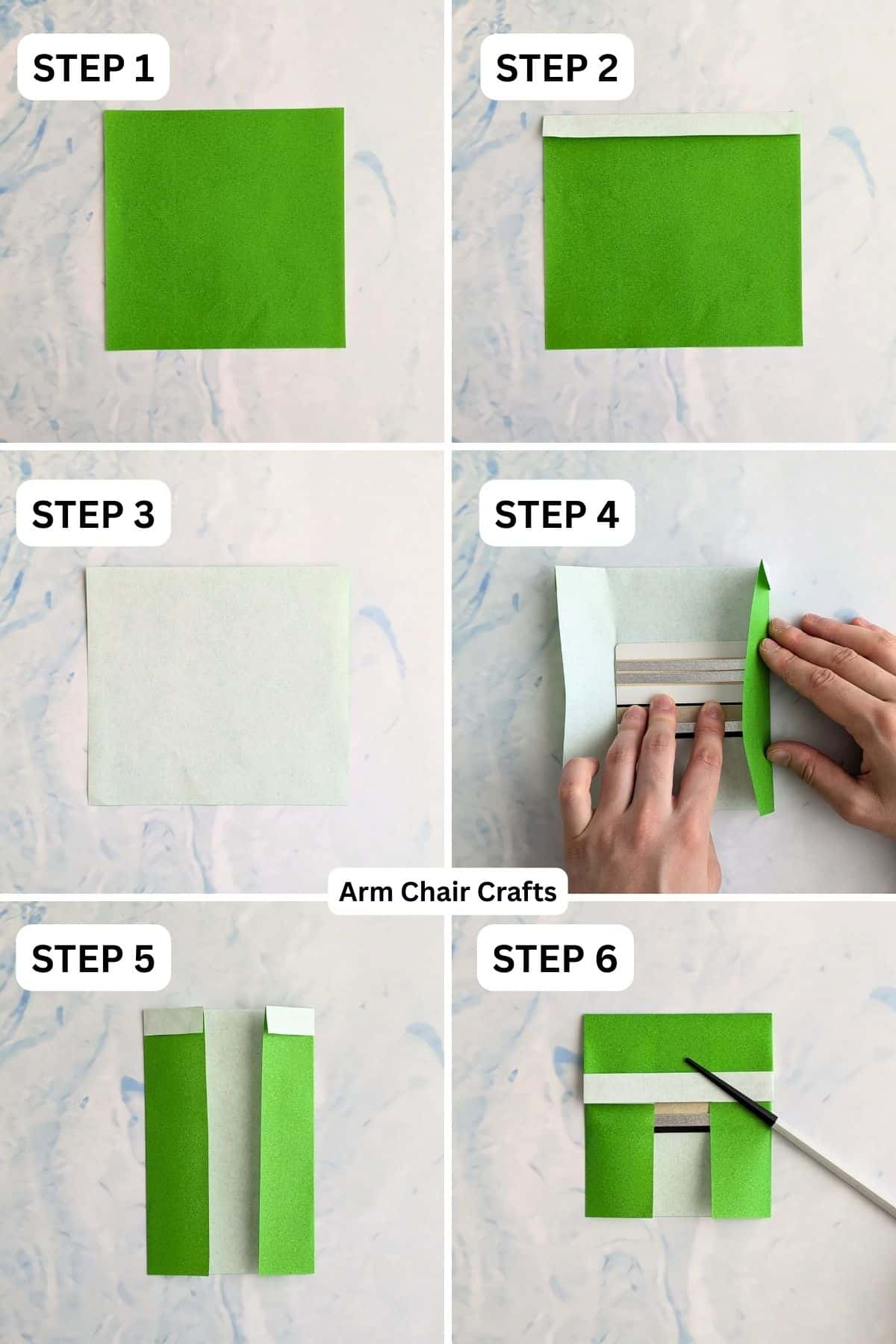 Steps 1 to 6 for making an easy origami gift card holder.