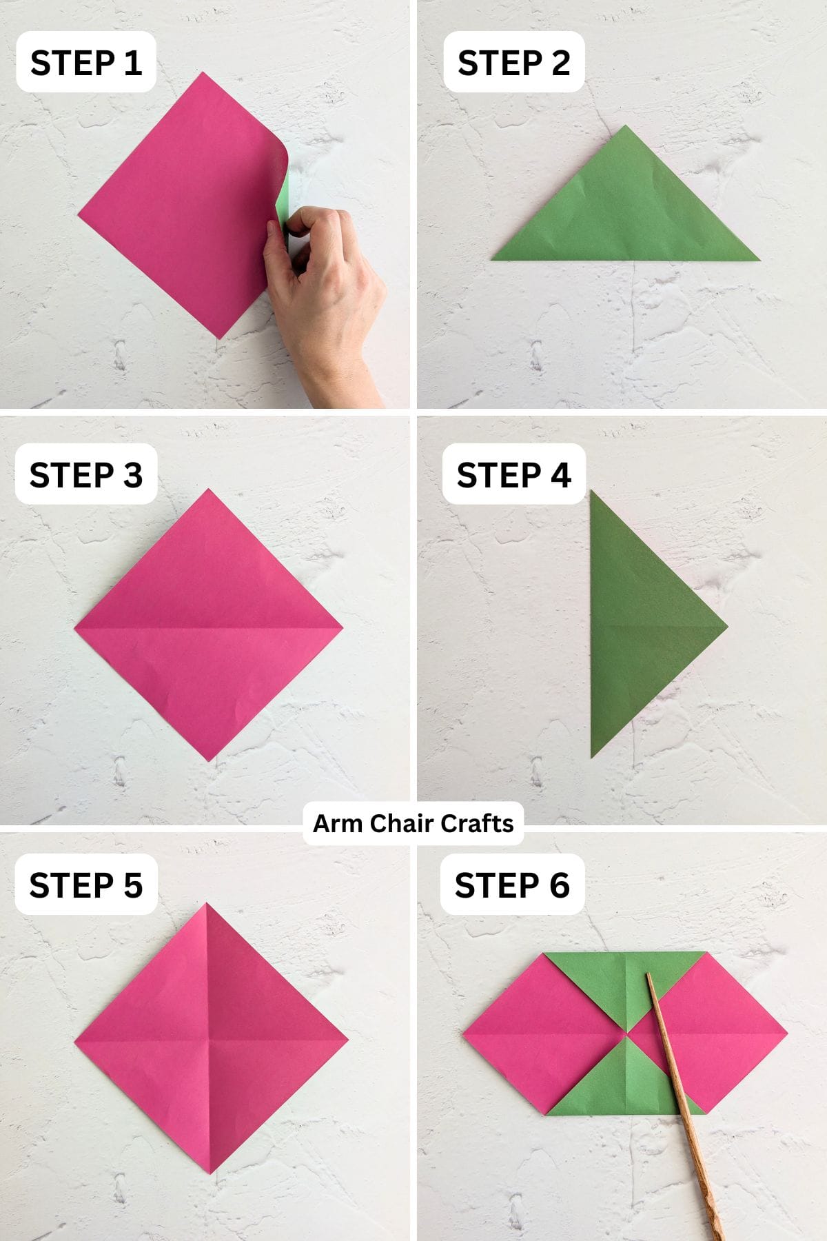 Steps 1 to 6 for folding an origami heart box.