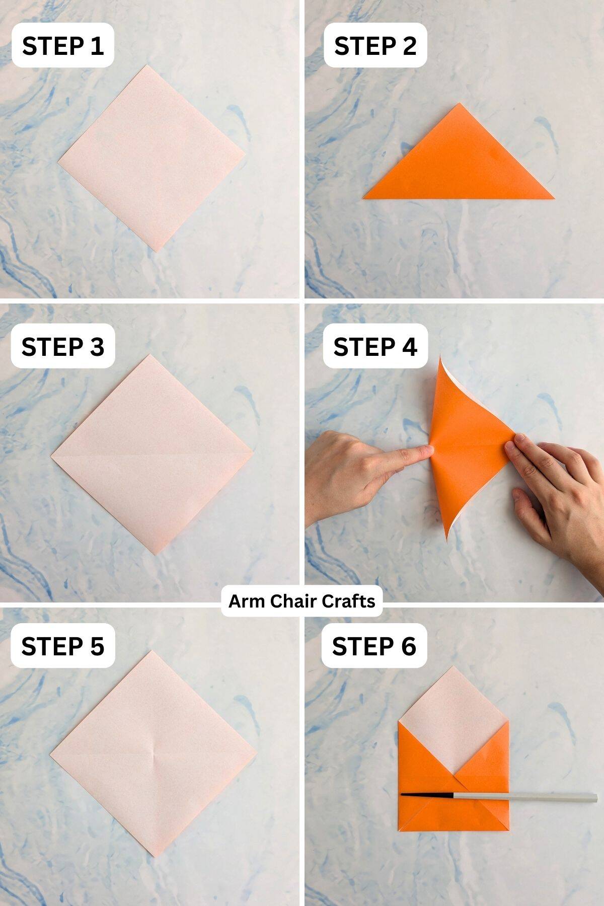 Steps 1 to 6 for folding a paper envelope.