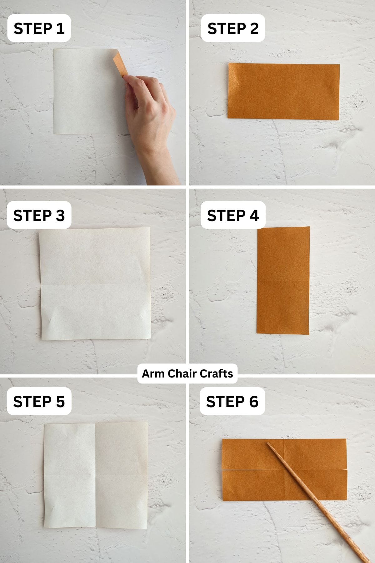 Steps 1 to 6 for folding a standing origami heart.
