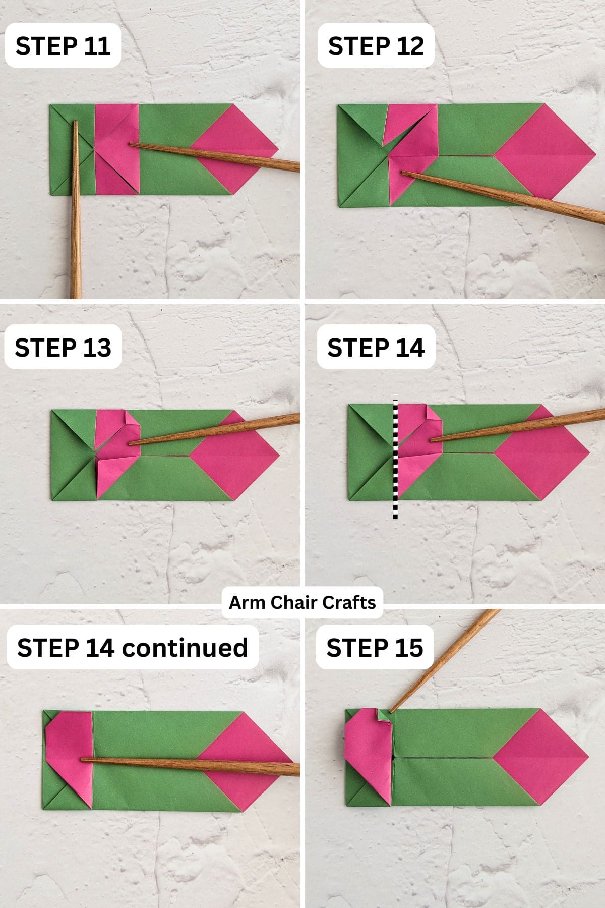 Steps 11 to 15 for folding an origami heart box.