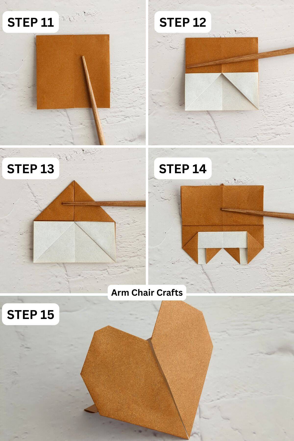 Steps 11 to 15 for folding a standing origami heart.