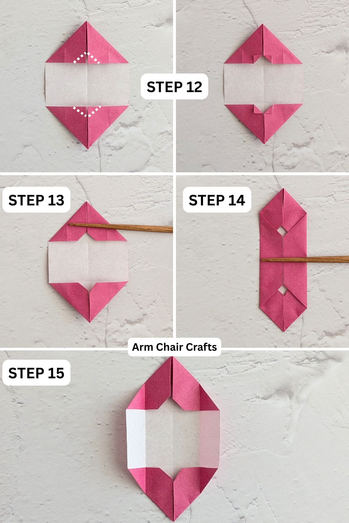 Steps 12 to 15 for folding a double standing origami heart.