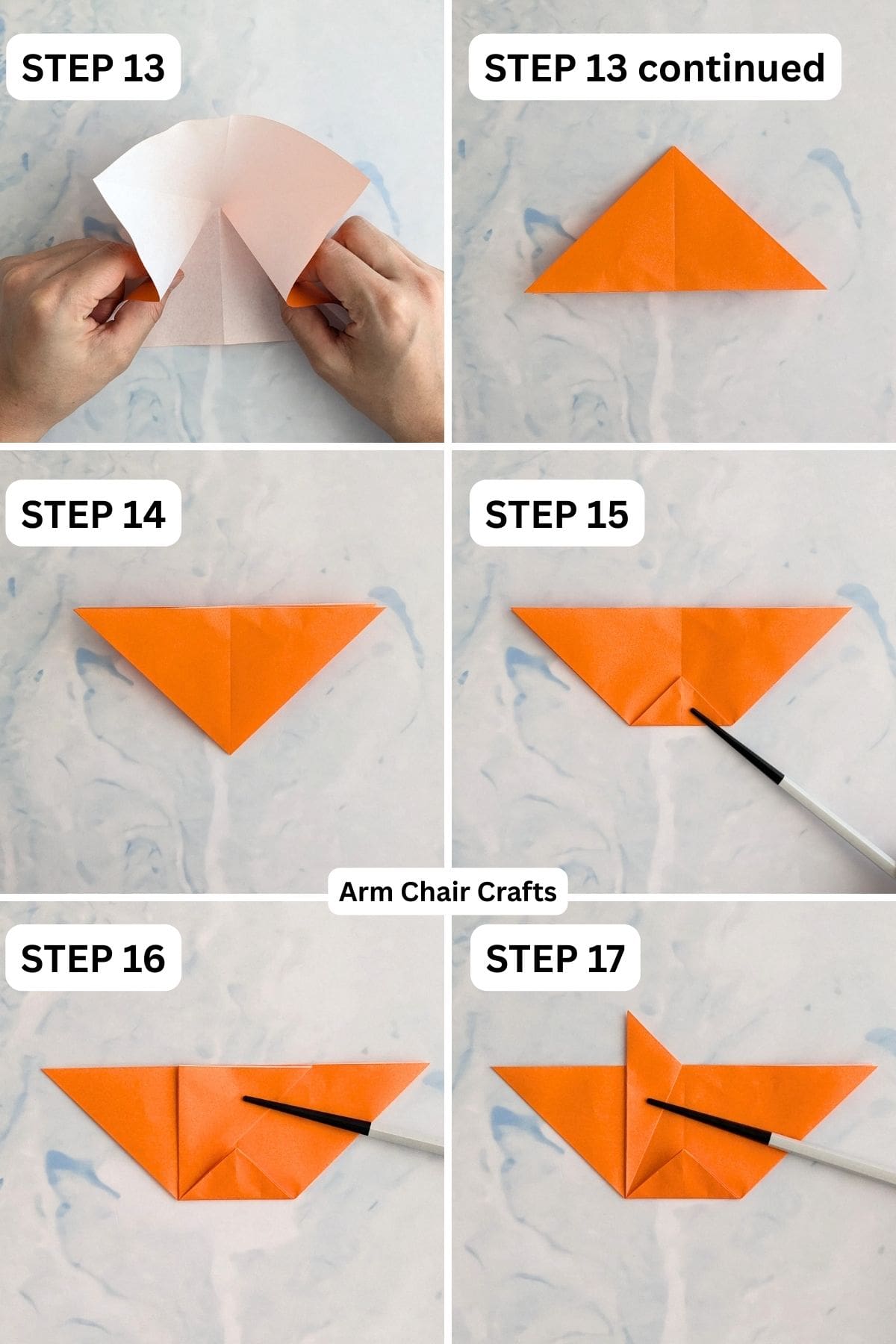 Steps 13 to 17 for folding a self closing gift bag.