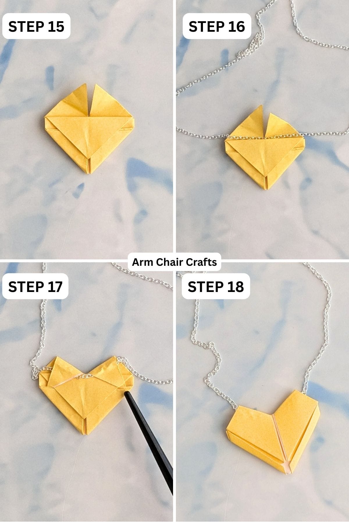 Steps 15 to 18 for folding a paper heart necklace.