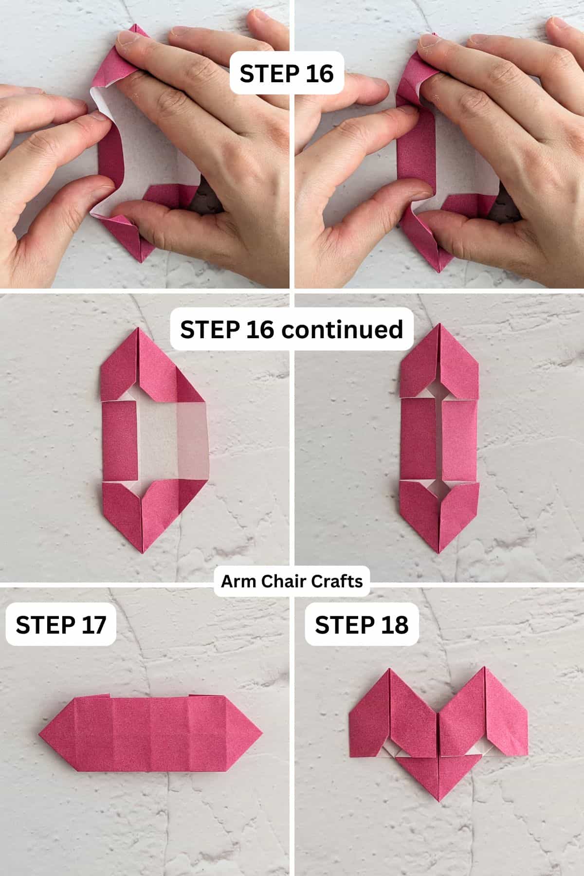 Steps 16 to 18 for folding a double standing origami heart.
