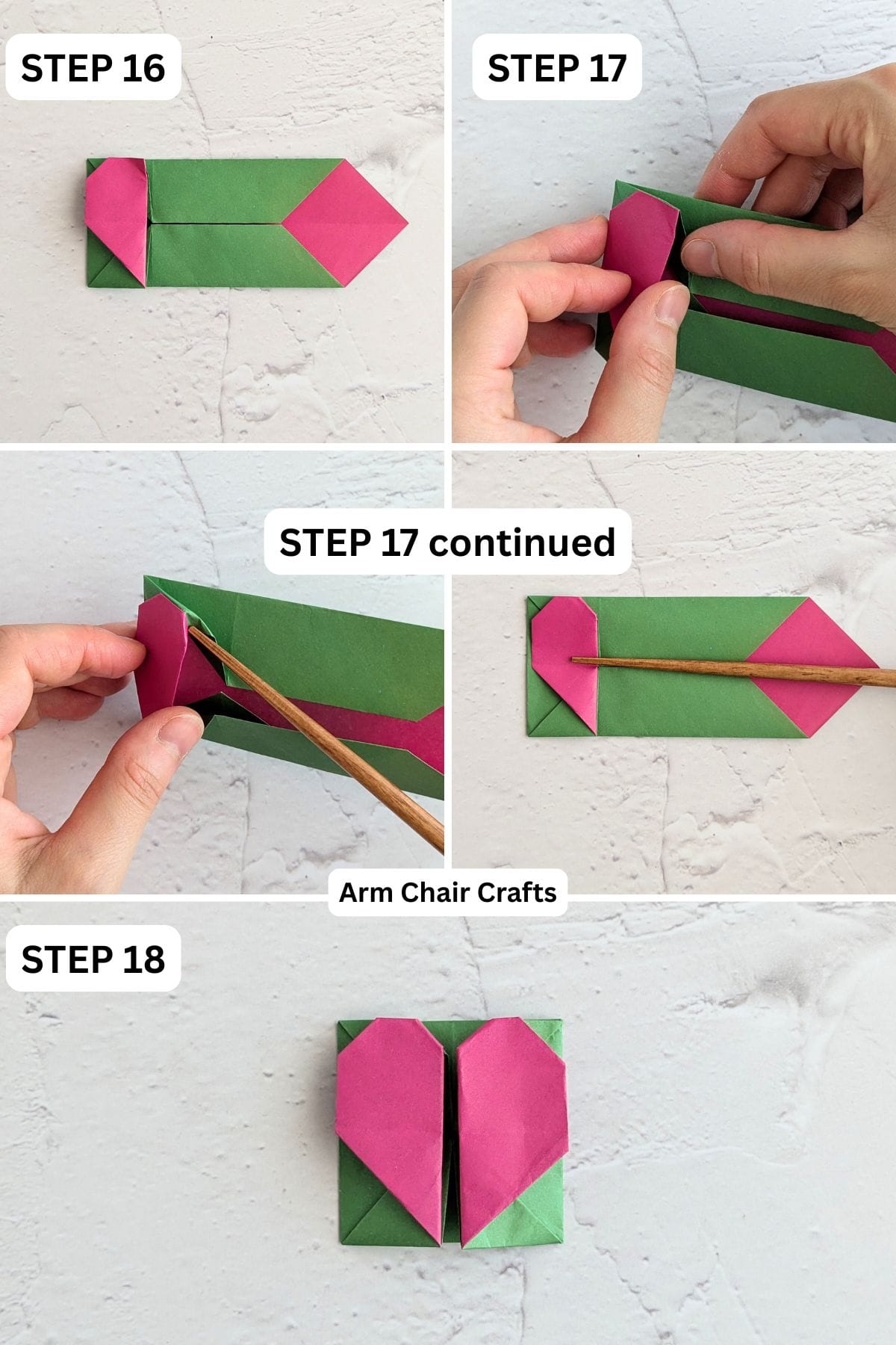 Steps 16 to 18 for folding an origami heart box.