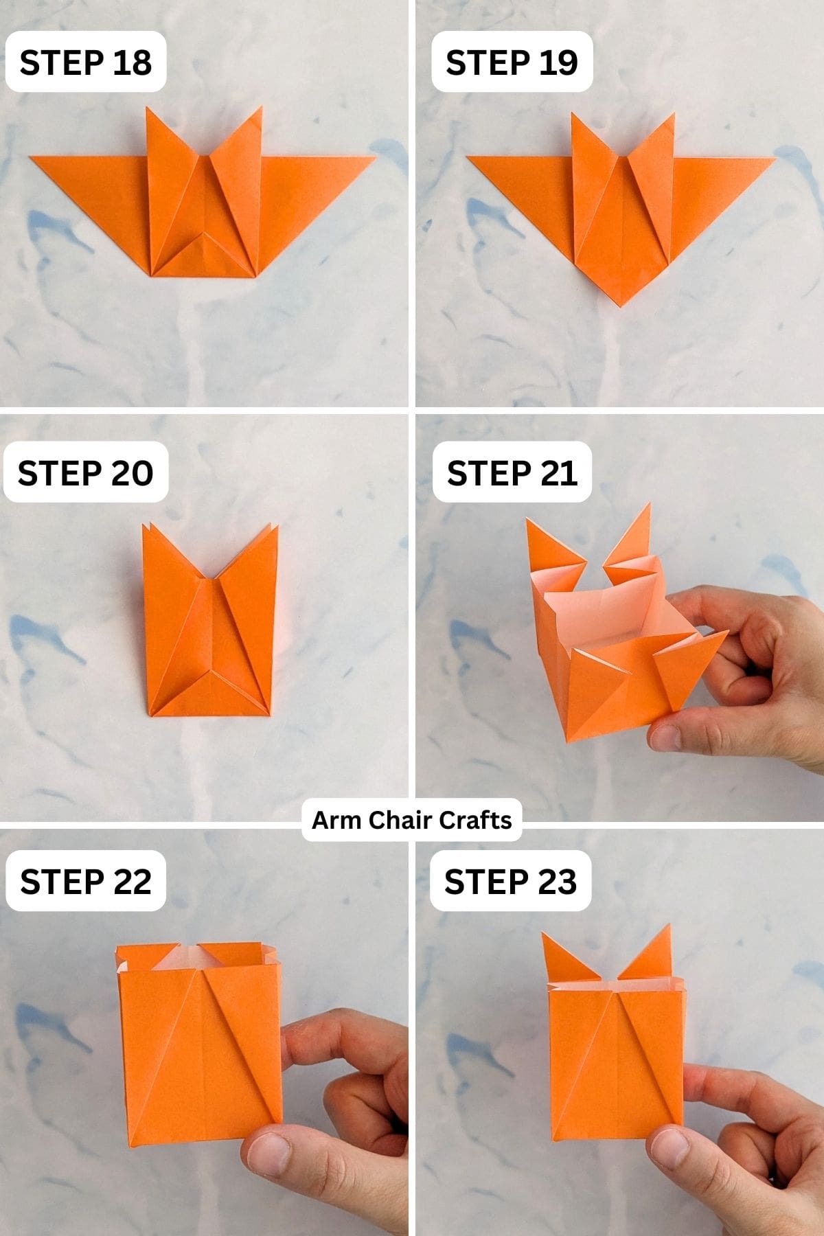 Steps 18 to 23 for folding a self closing gift bag.