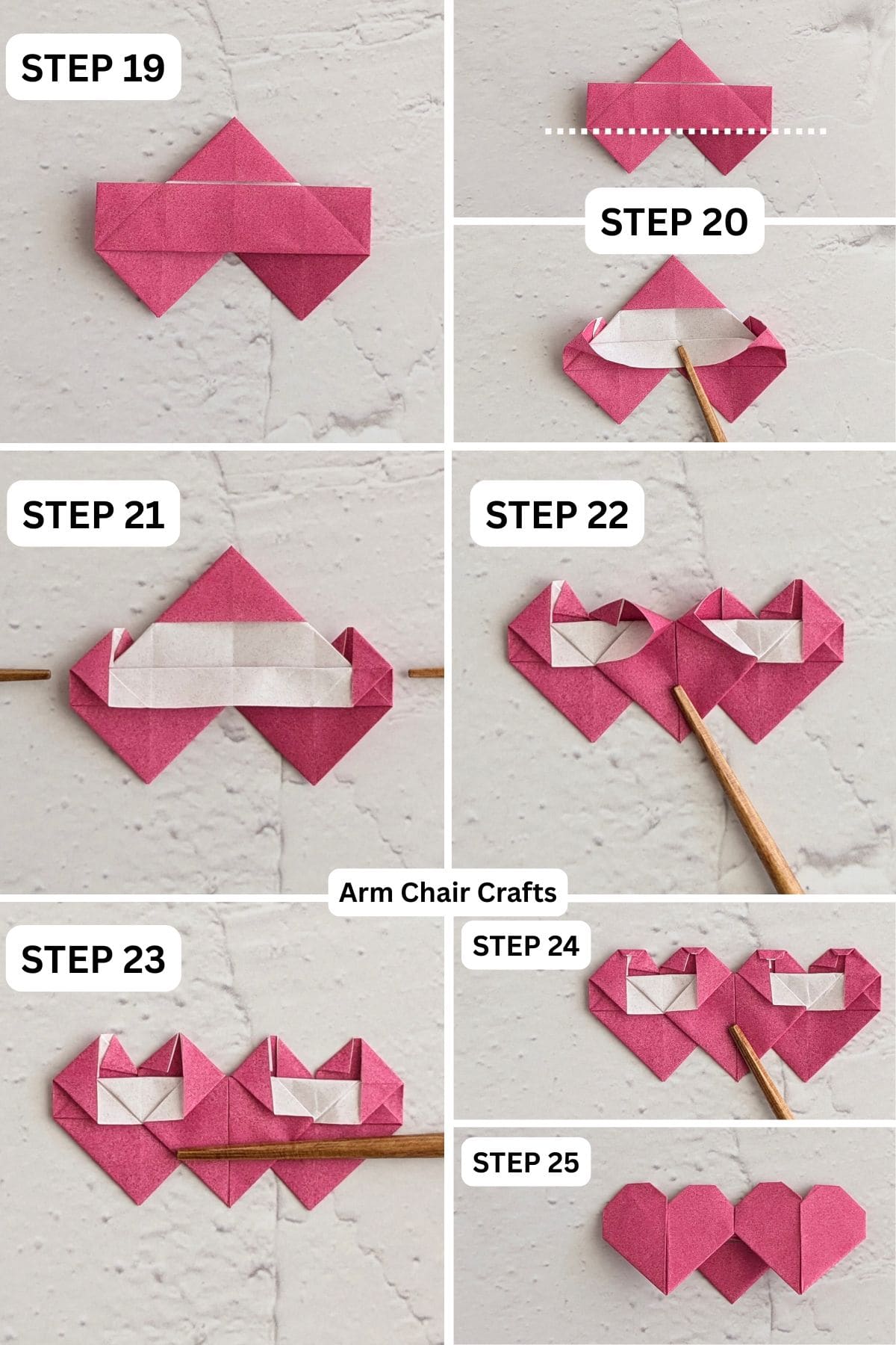 Steps 19 to 25 for folding a double standing origami heart.