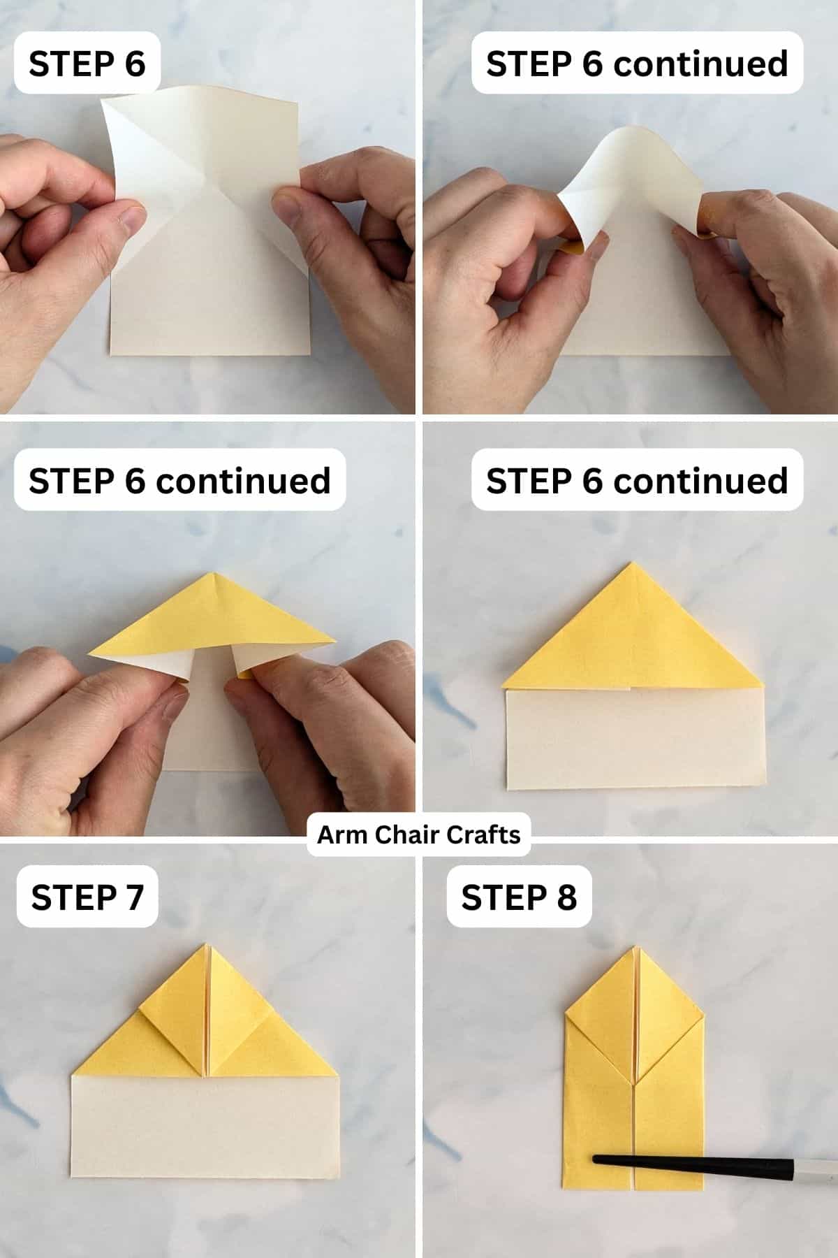 Steps 6 to 8 for folding a paper heart necklace.