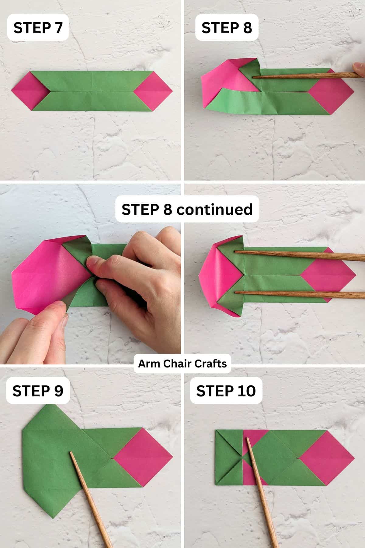 Steps 7 to 10 for folding an origami heart box.