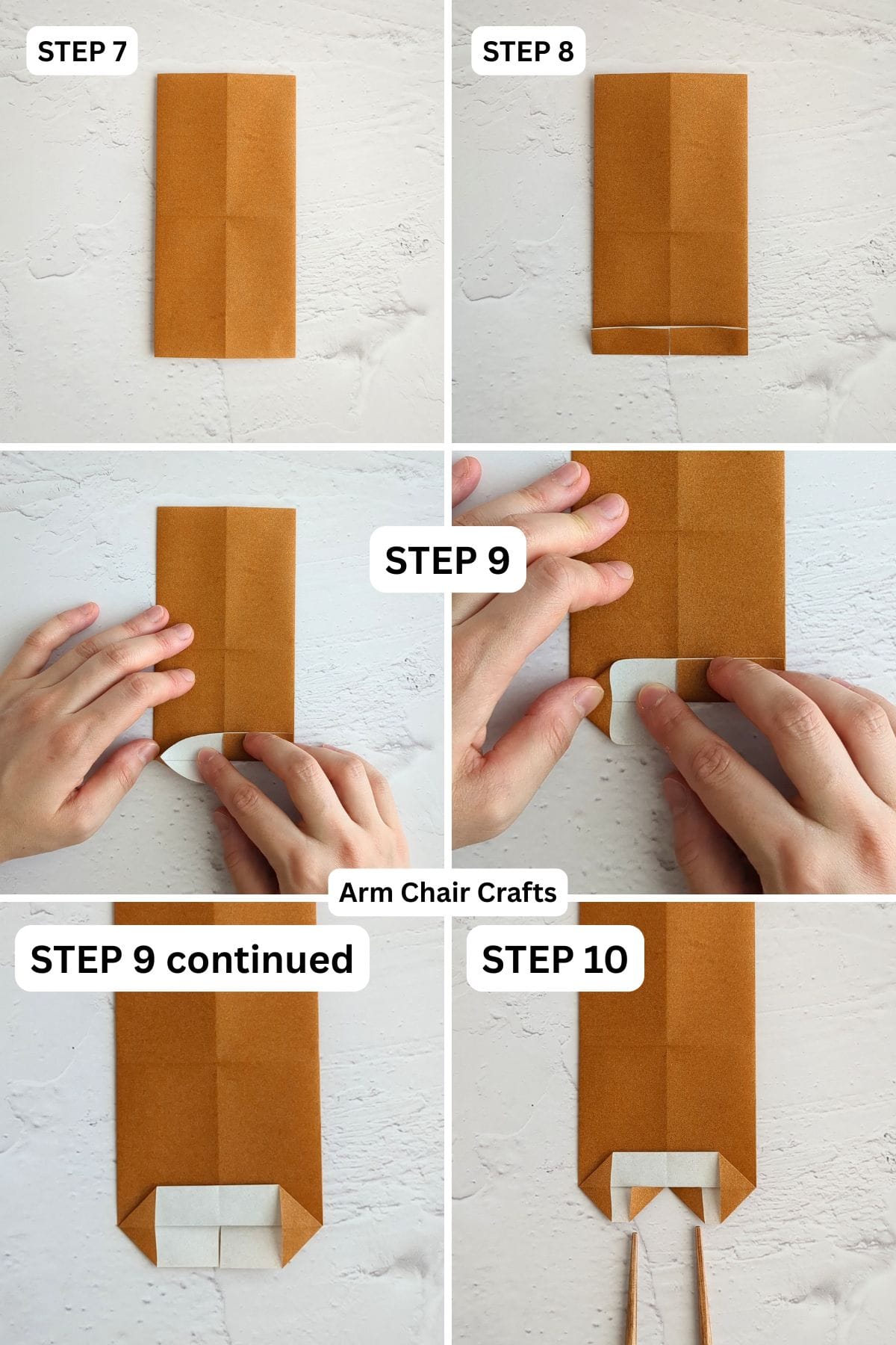 Steps 7 to 10 for folding a standing origami heart.