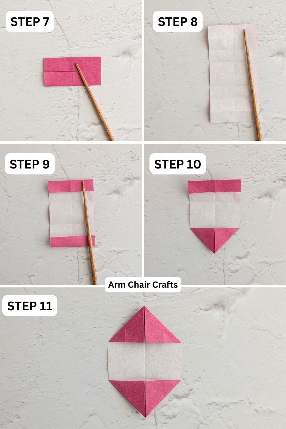 Steps 7 to 11 for folding a double standing origami heart.