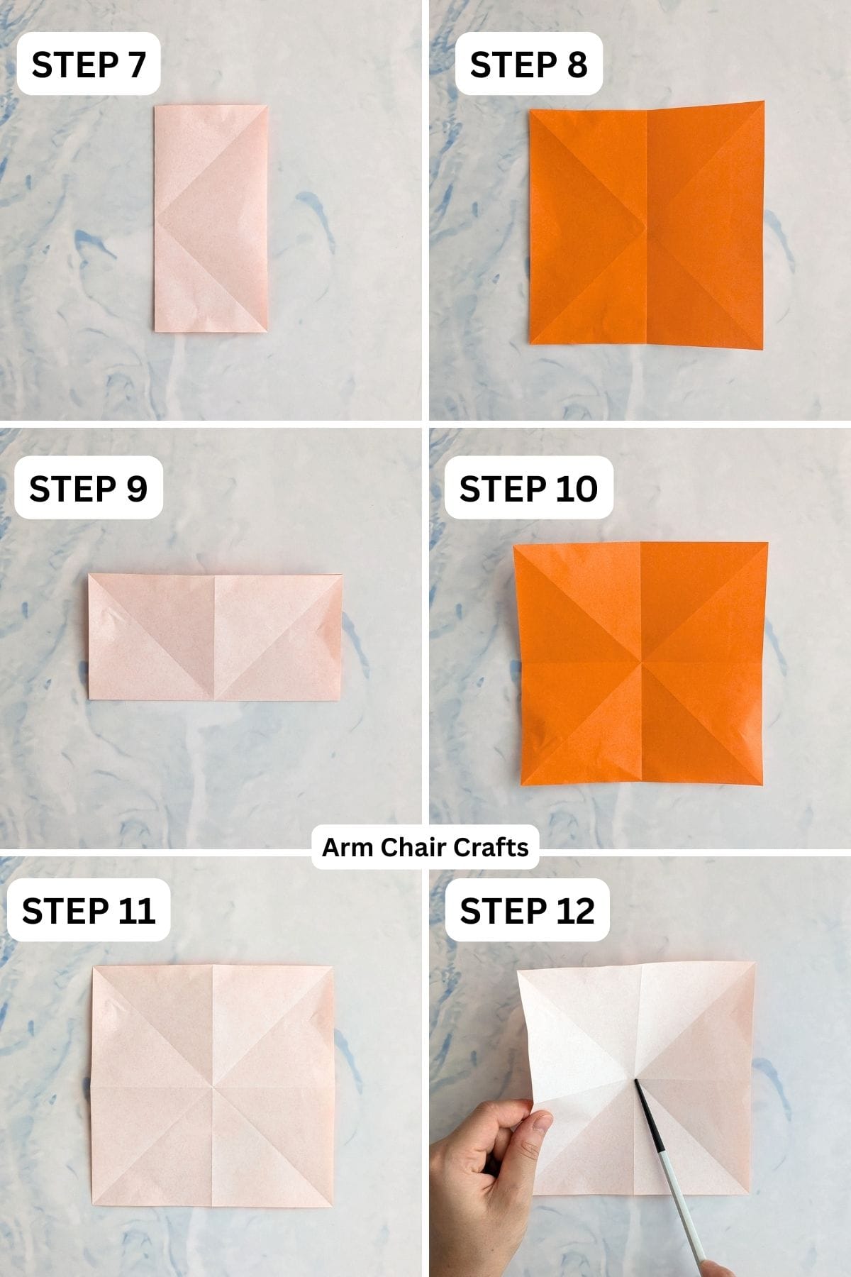 Steps 7 to 12 for folding a self closing gift bag.