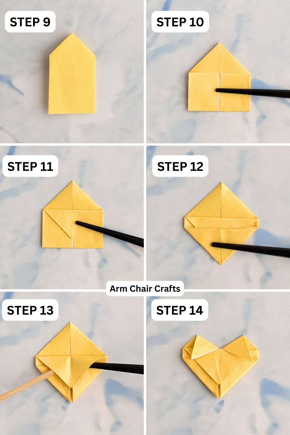 Steps 9 to 14 for folding a paper heart necklace.