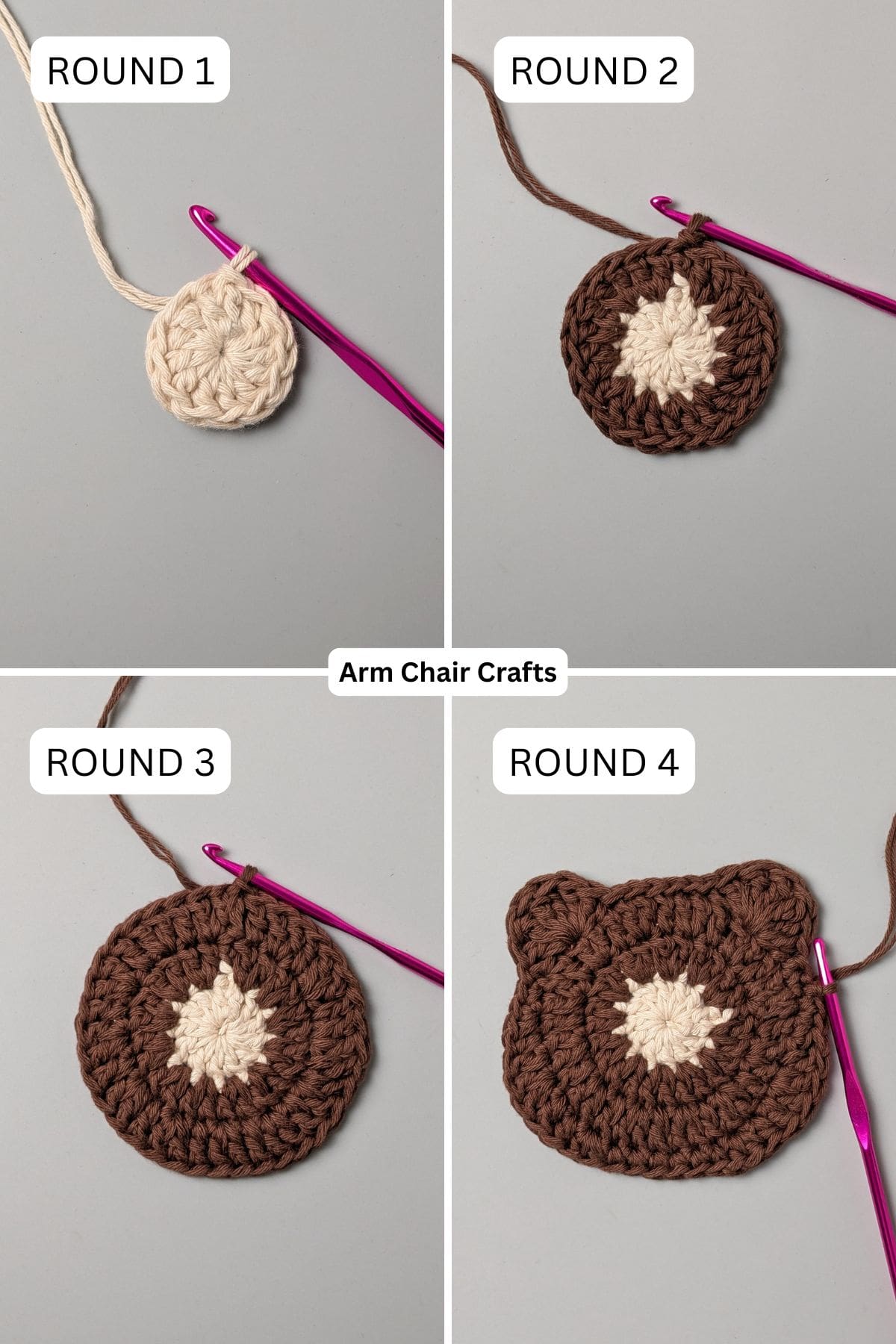 Process of making a crochet bear coaster.