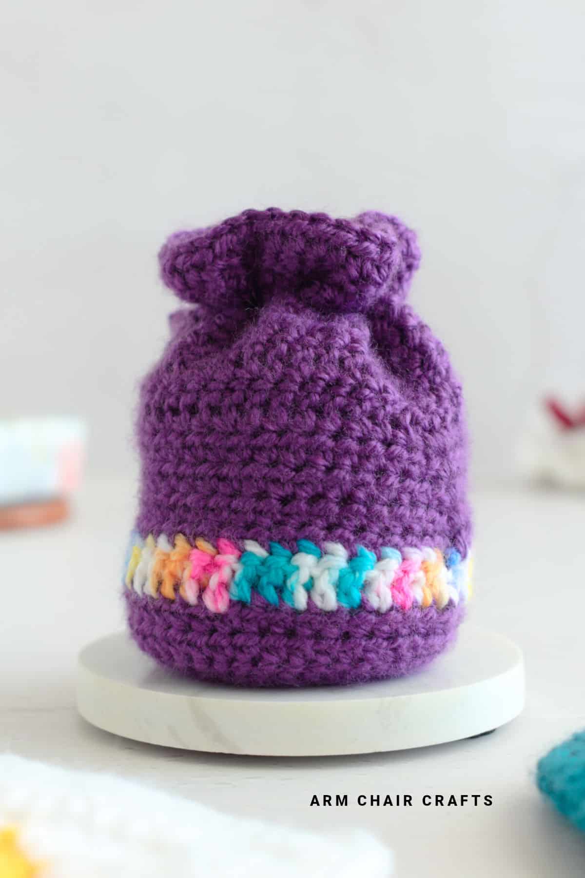 Crochet drawstring bag.