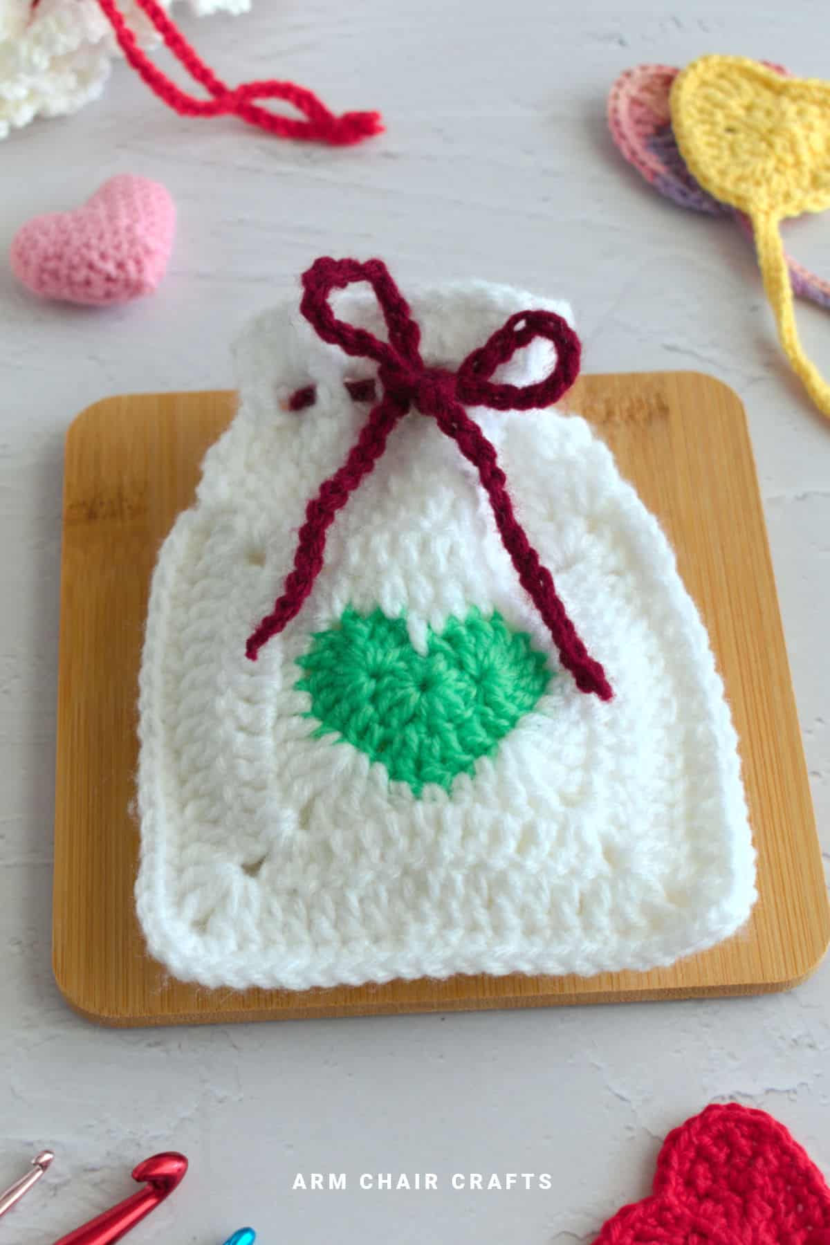 Close up image of a crochet pouch.