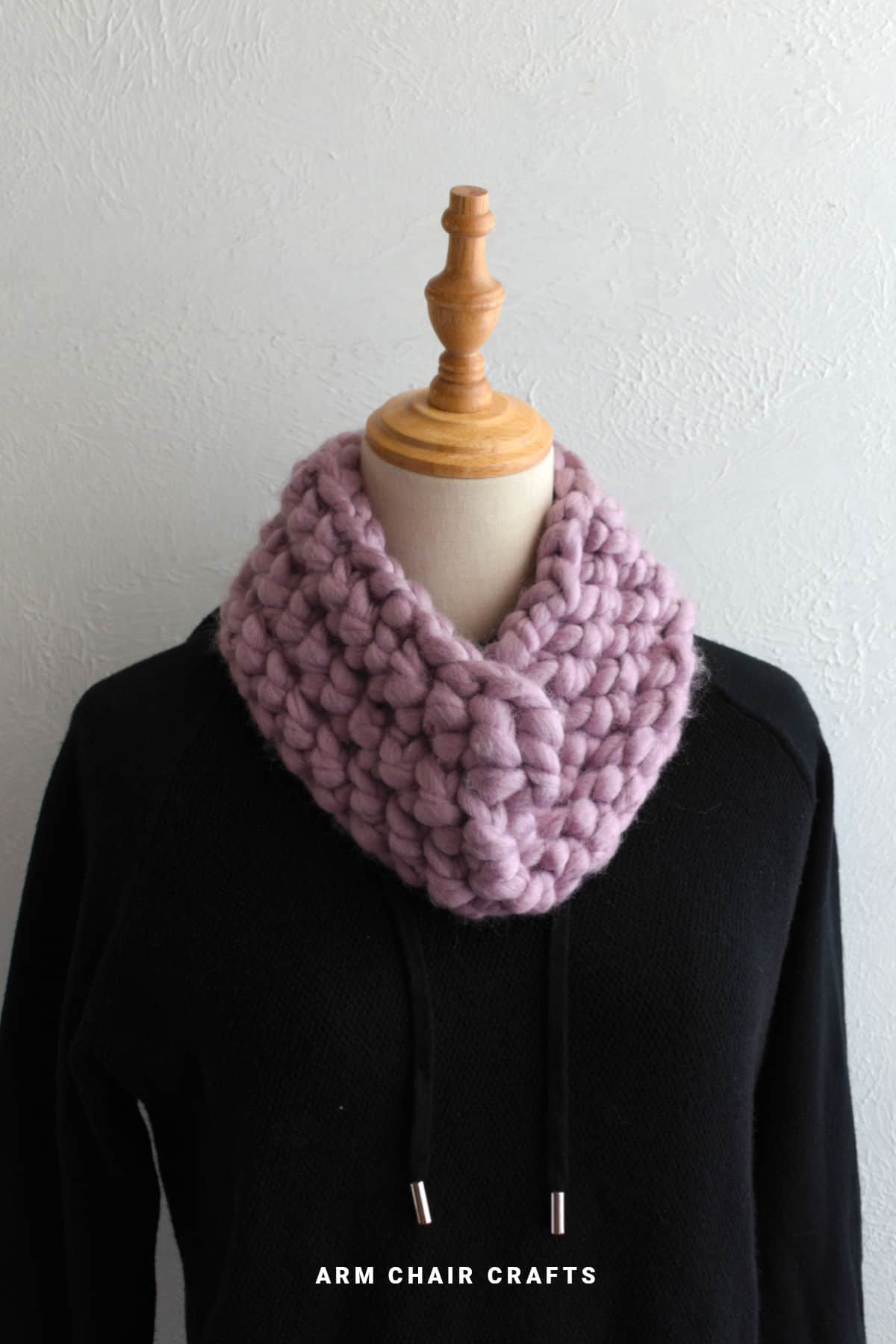 Purple crochet cowl.