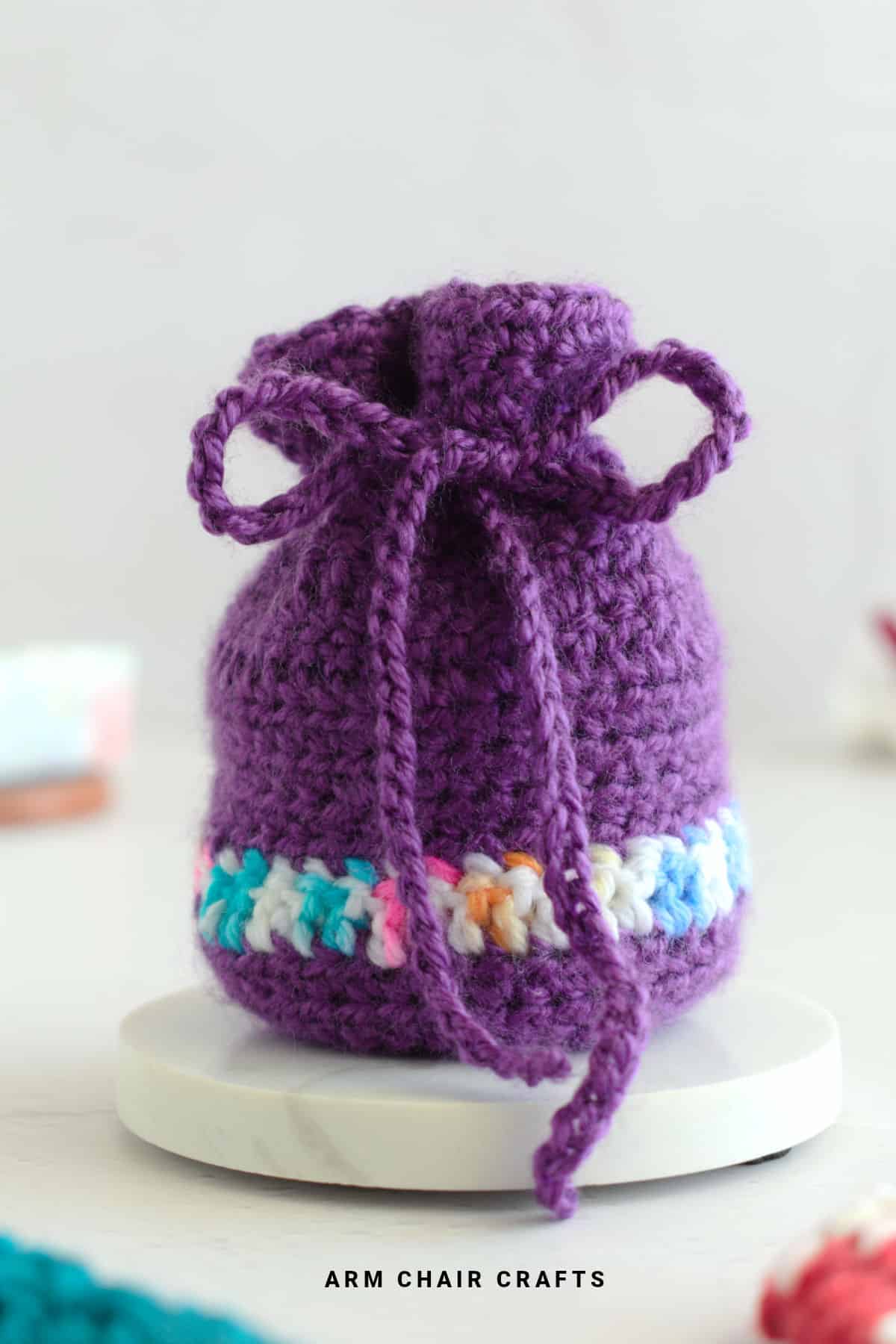 Crochet drawstring bag.
