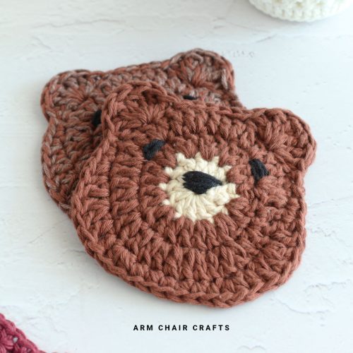 Close up image of crochet coasters.