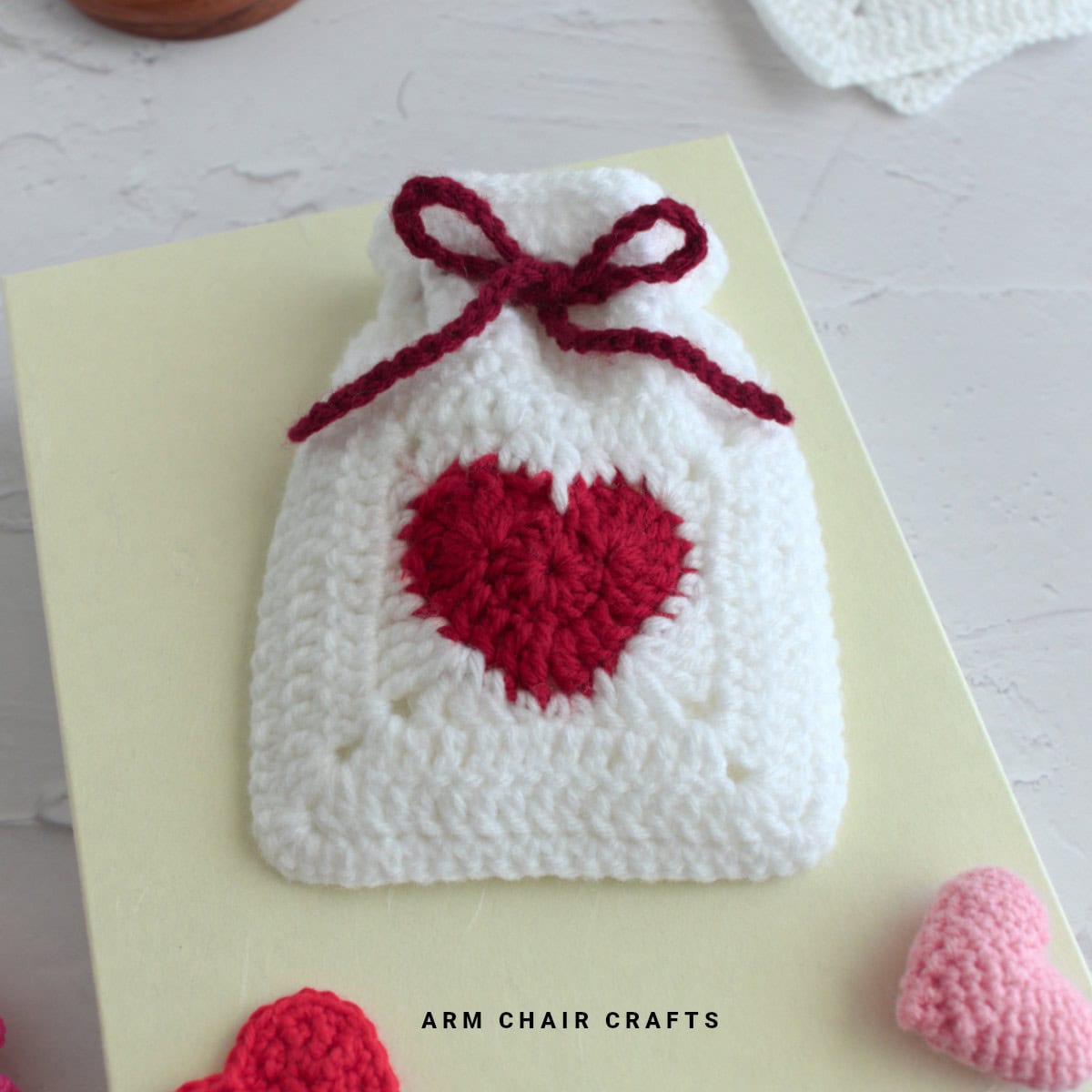 Heart crochet drawstring pouch.
