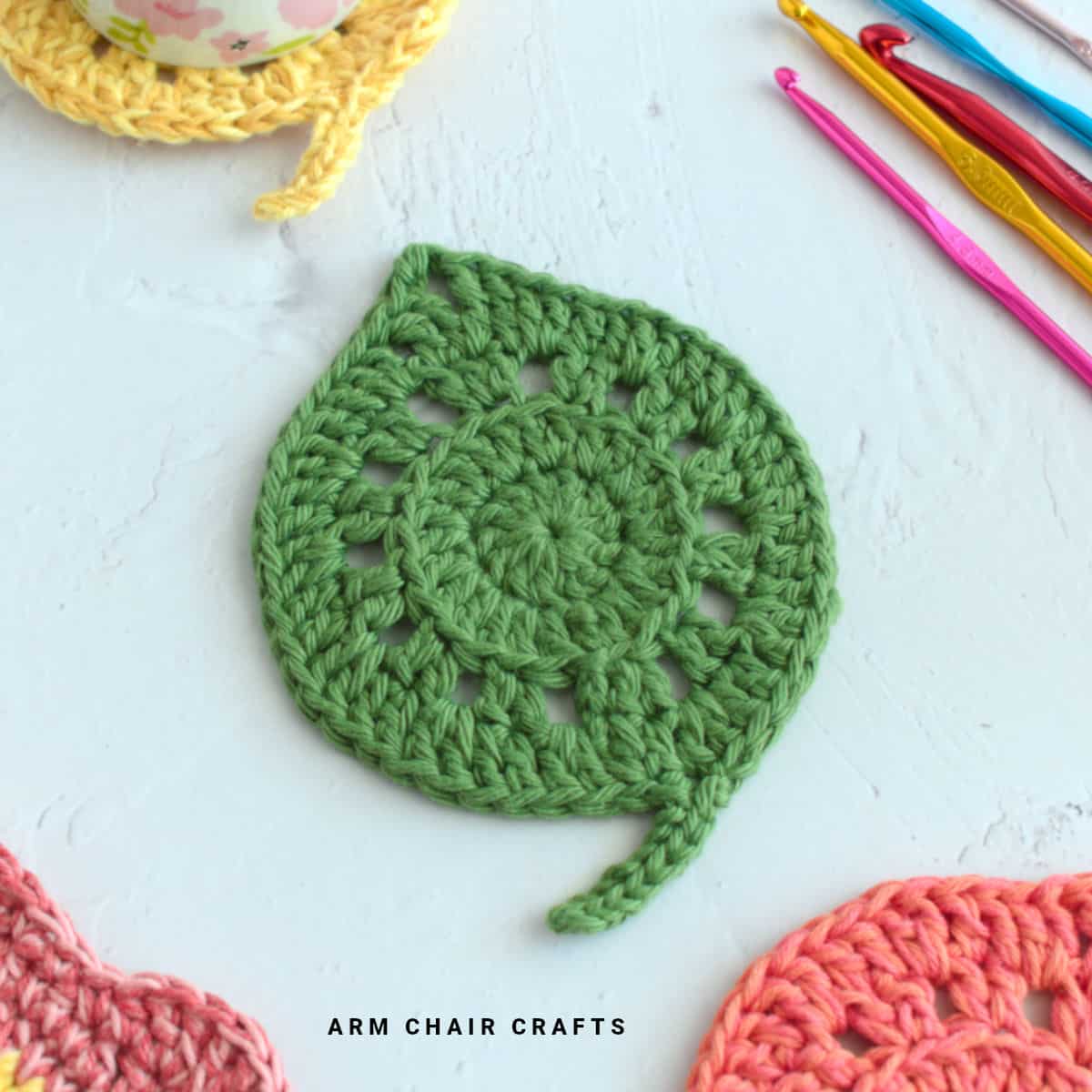 Crochet leaf coaster.