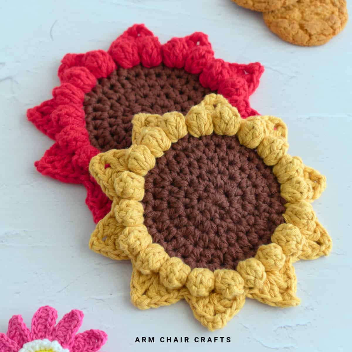 Close up image of sunflower crochet coasters.