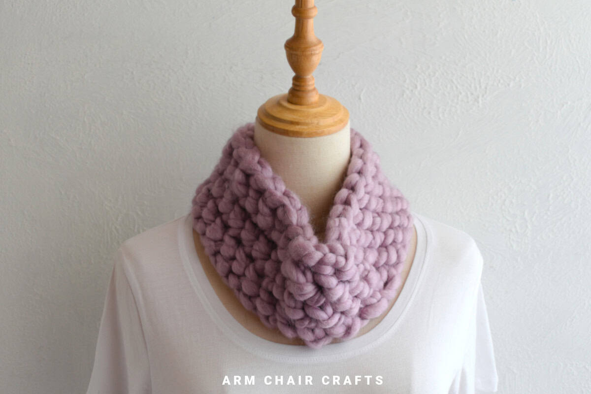 Purple crochet cowl.