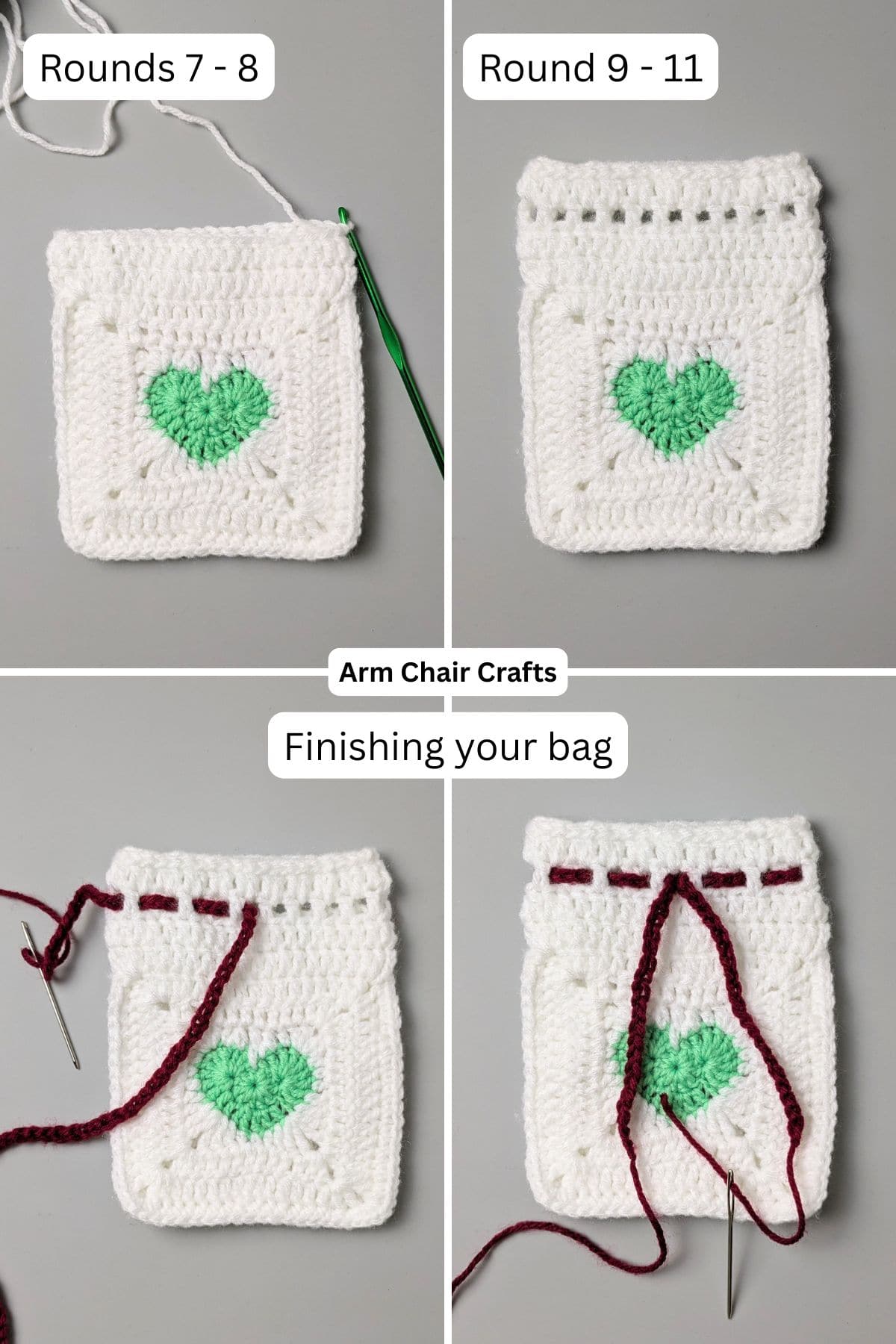 Finishing crochet heart drawstring pouch.
