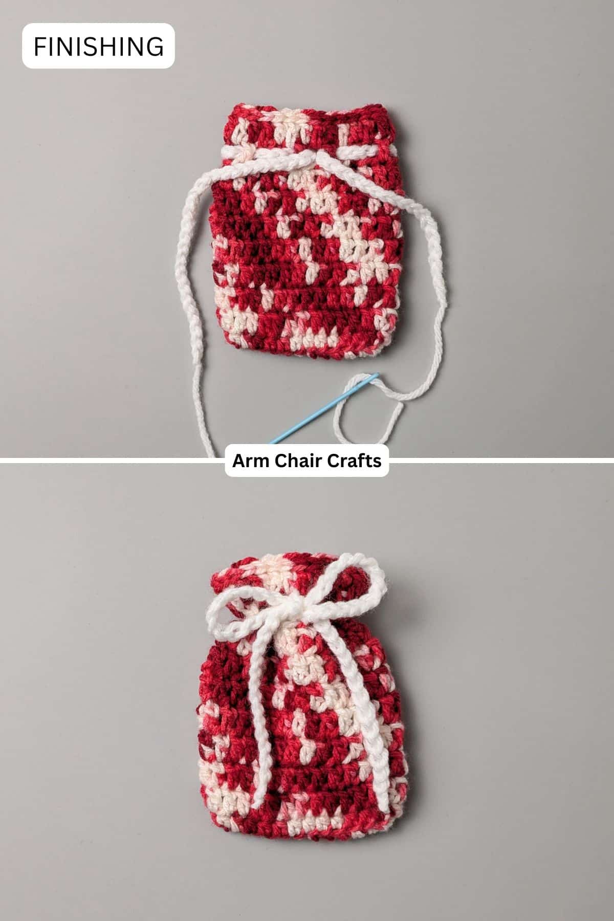 Finishing a mini crochet pouch.