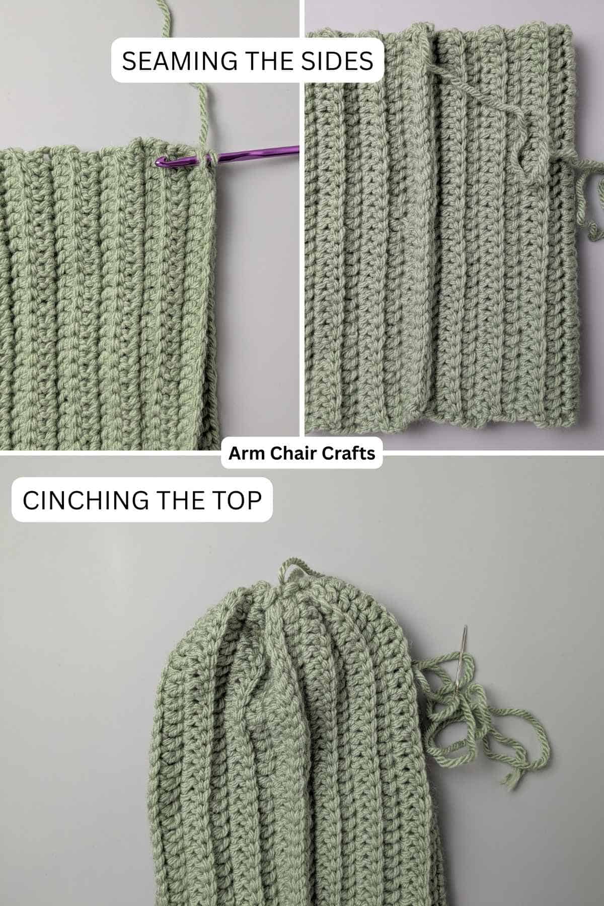 Process of assembling the crochet beanie.