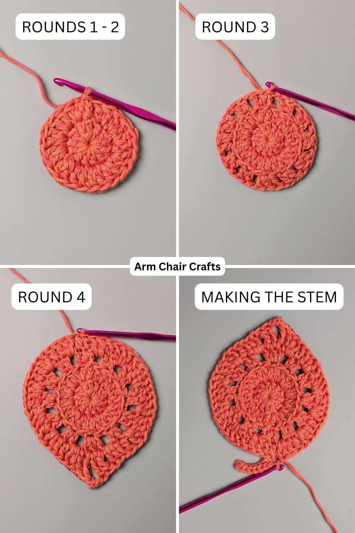 Process of making crochet leaf coasters.