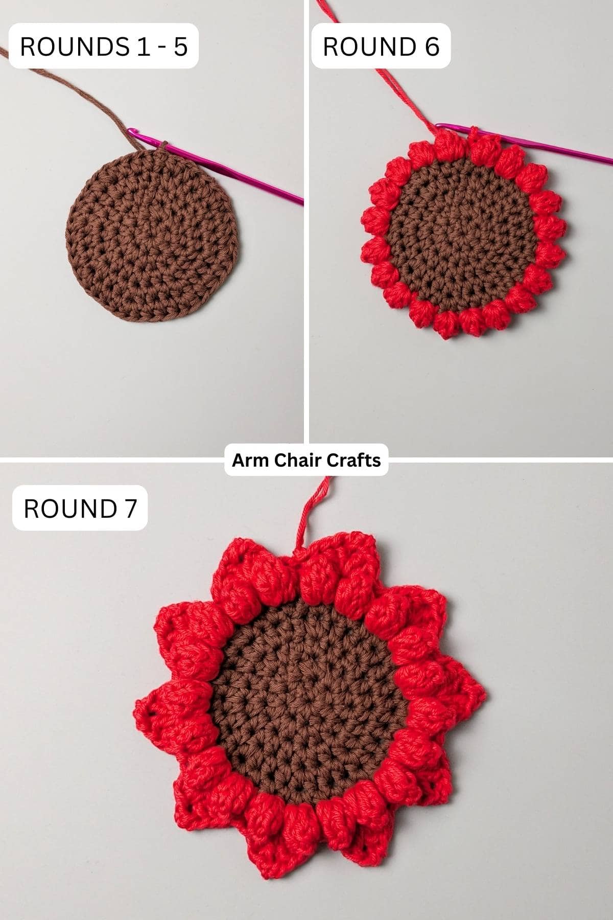 Process of making a sunflower crochet coaster.