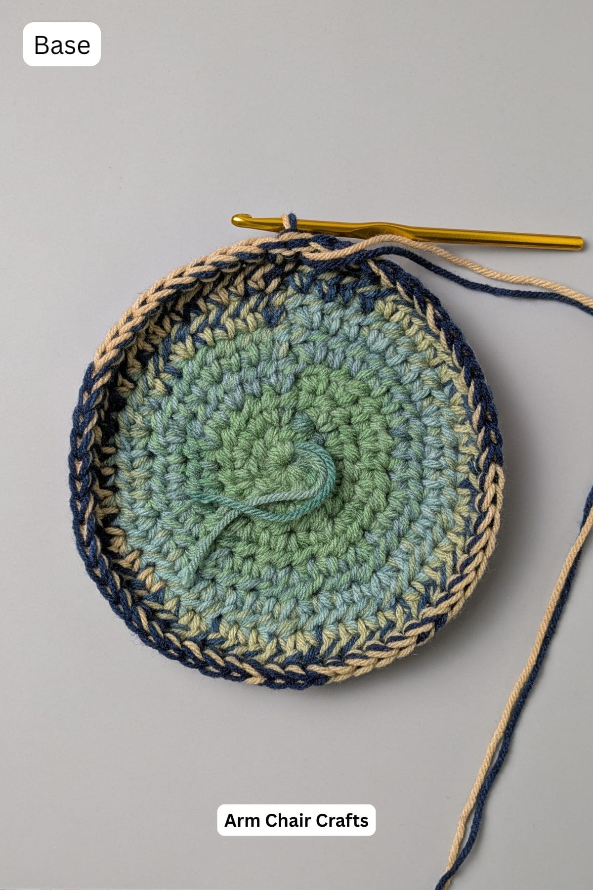 Base of round crochet tote bag.