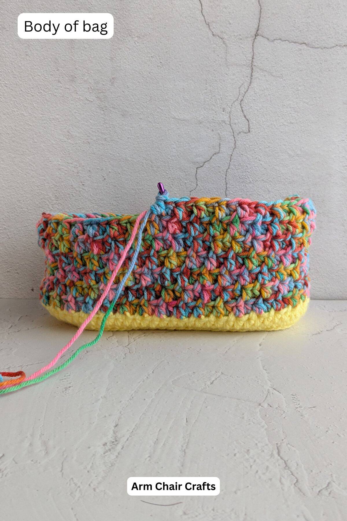 Process of body of crochet tote bag.