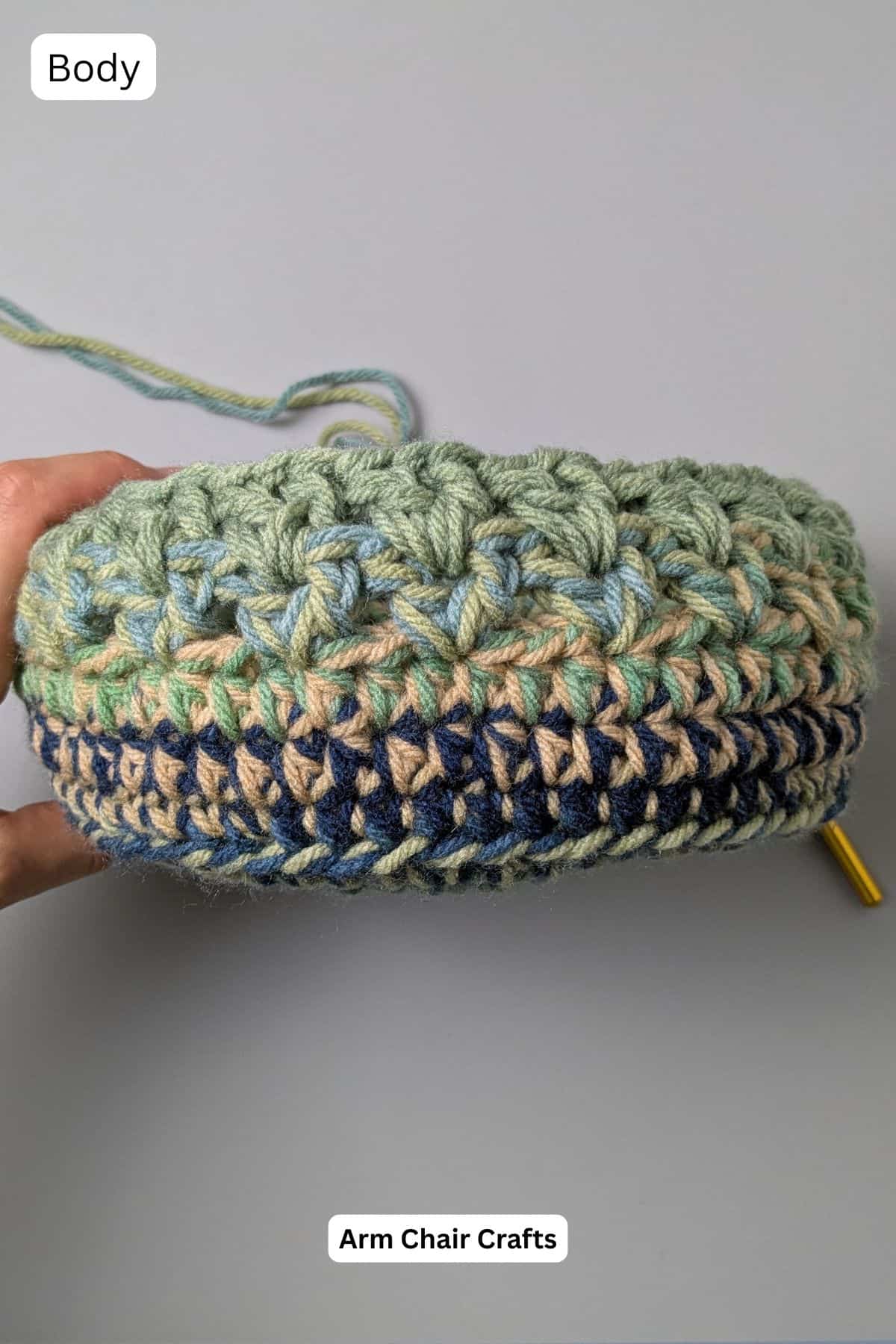 Process of making the body of a crochet tote bag.