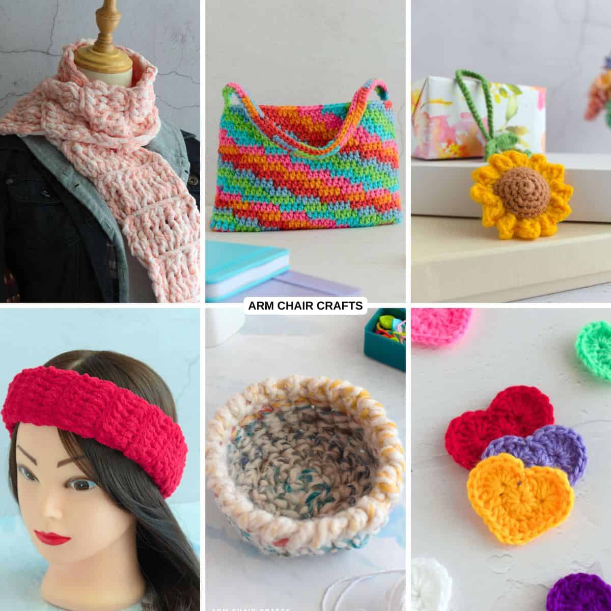 Collage of beginner friendly crochet projects.