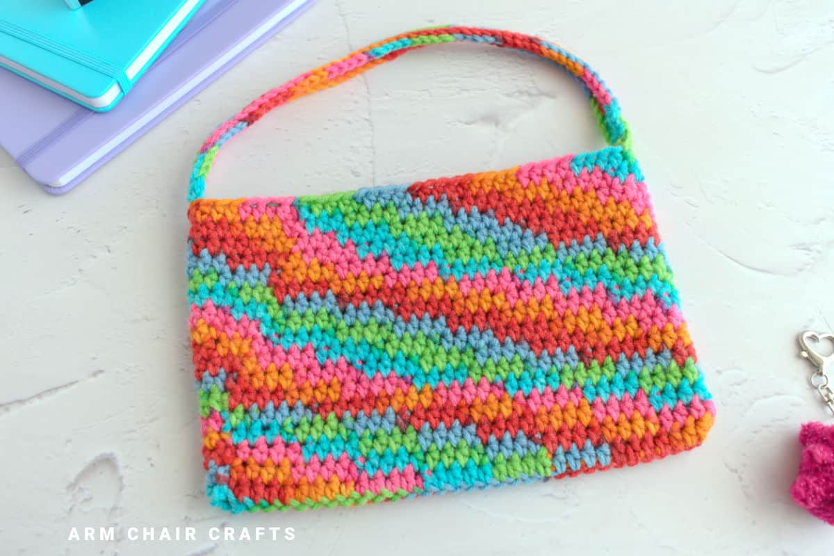 Crochet bag lying down.