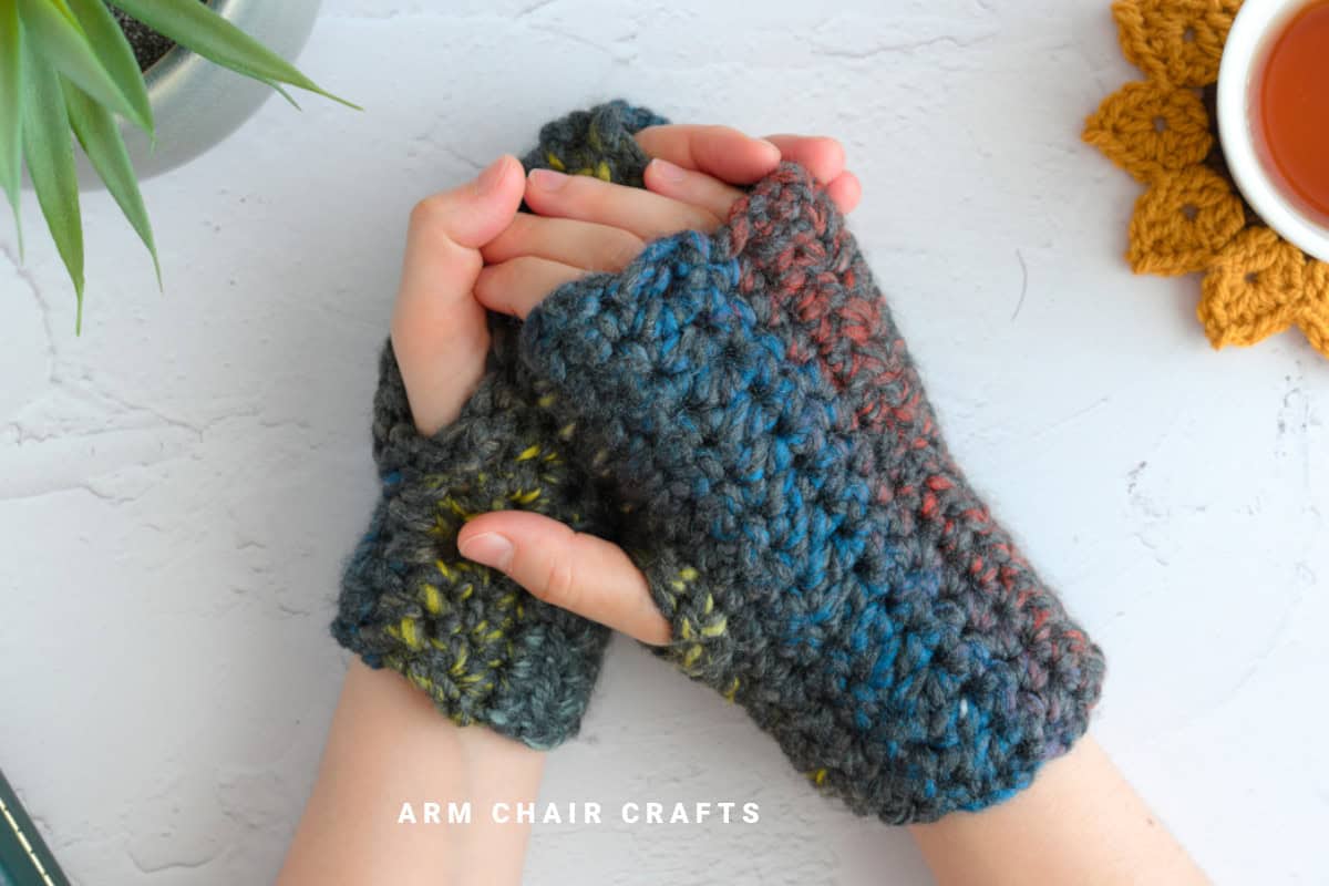 Fingerless crochet gloves.